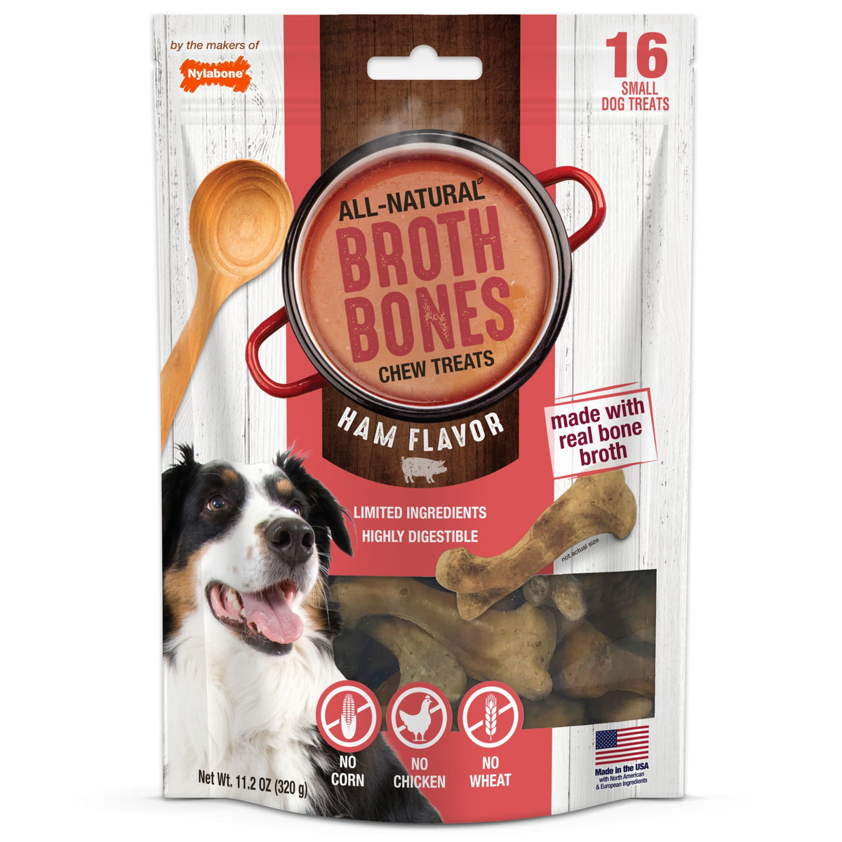 Nylabone Broth Bones Natural Dog Treats for Dogs, Bone Broth Dog Bones, Ham Flavor, For Large Dogs (1 Count)