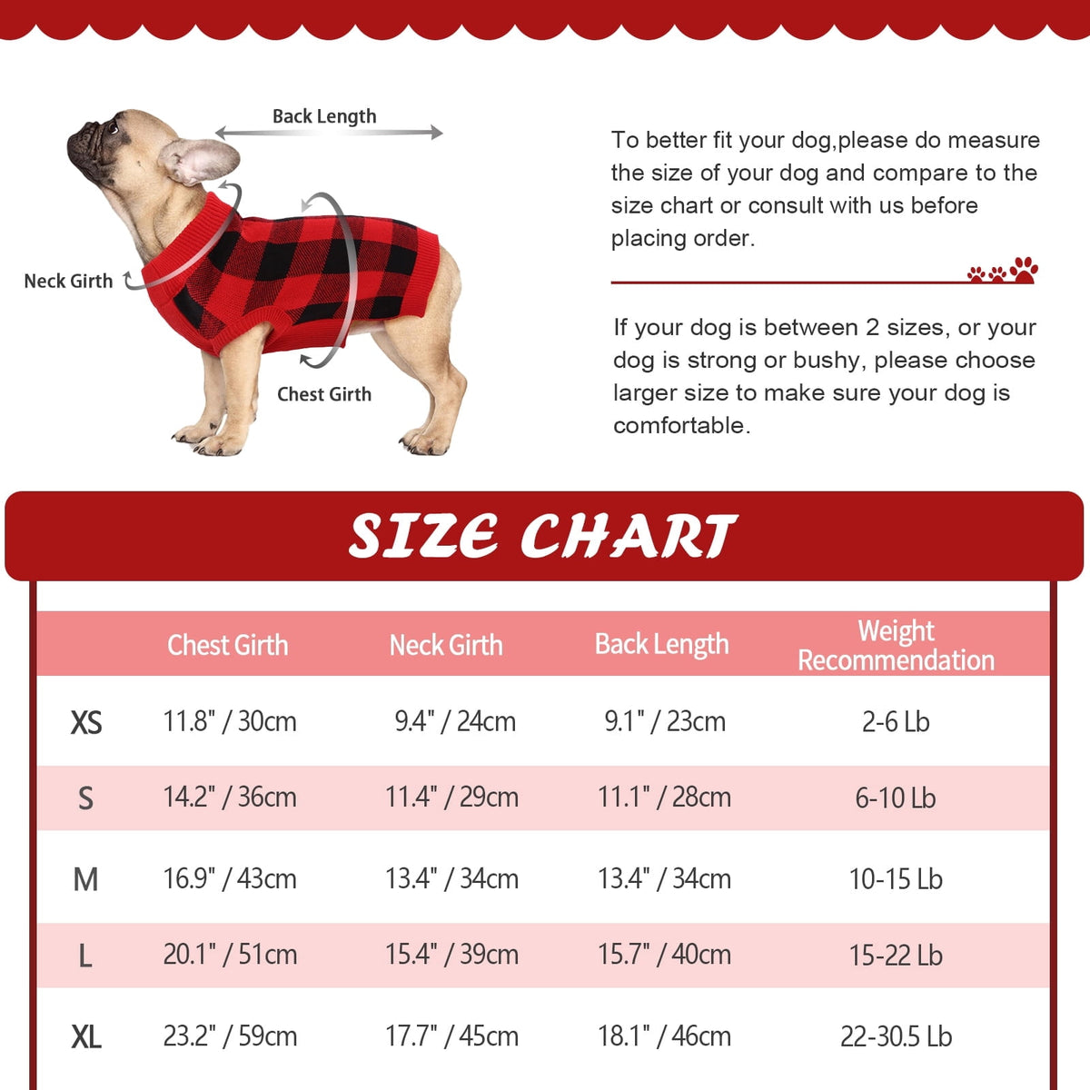 Kuoser Classic Plaid Dog Sweater Warm Pullover Knitwear for Small Medium Dogs, Red, S