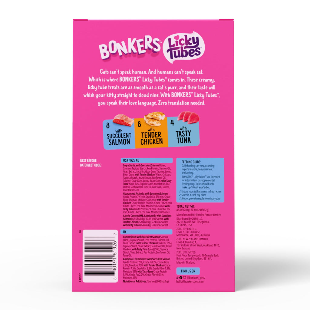 BONKERS Licky Tubes Chicken, Salmon, and Tuna Flavored Wet Cat Treats, 20 Pieces