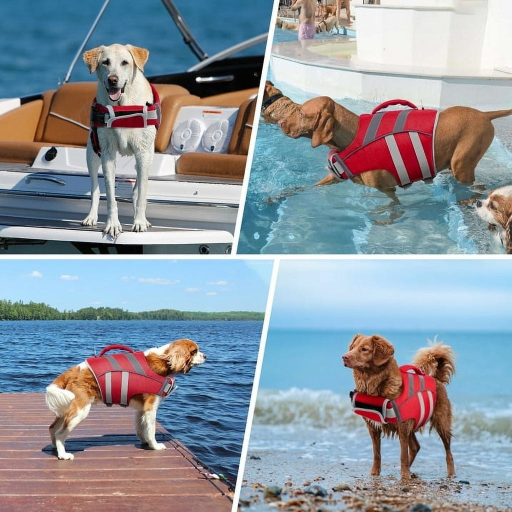 Kuoser Dog Life Jacket with Reflective Stripes, Adjustable Dog Life Vest, Red, M