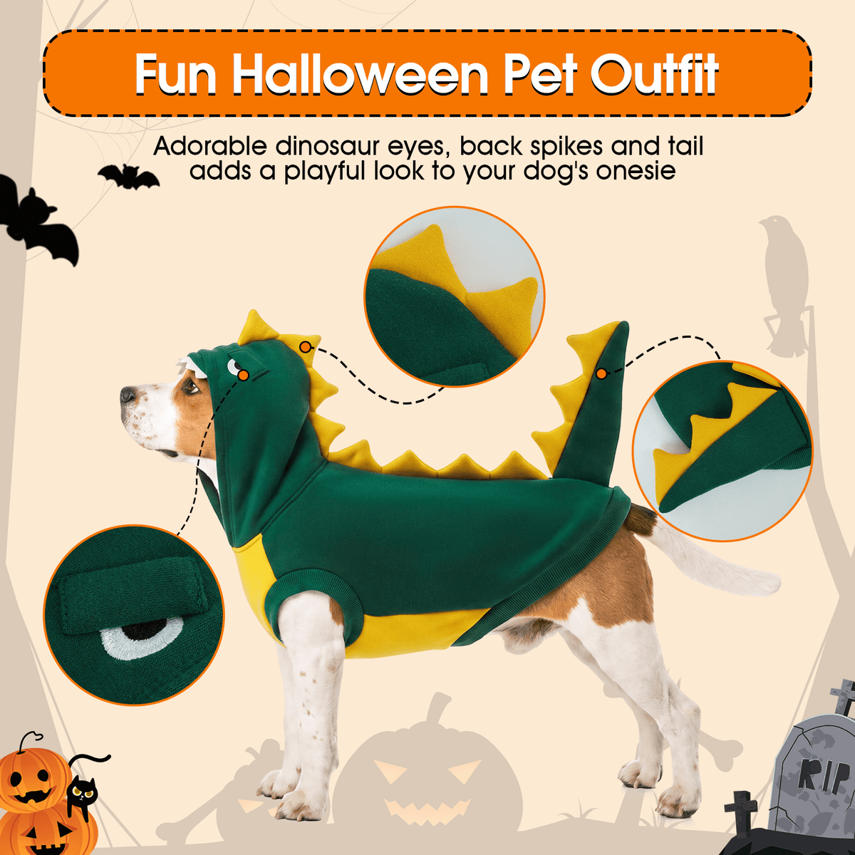 Kuoser Dog Dinosaur Halloween Costume, Funny Fleece Hoodie for Medium Dogs, Orange, M