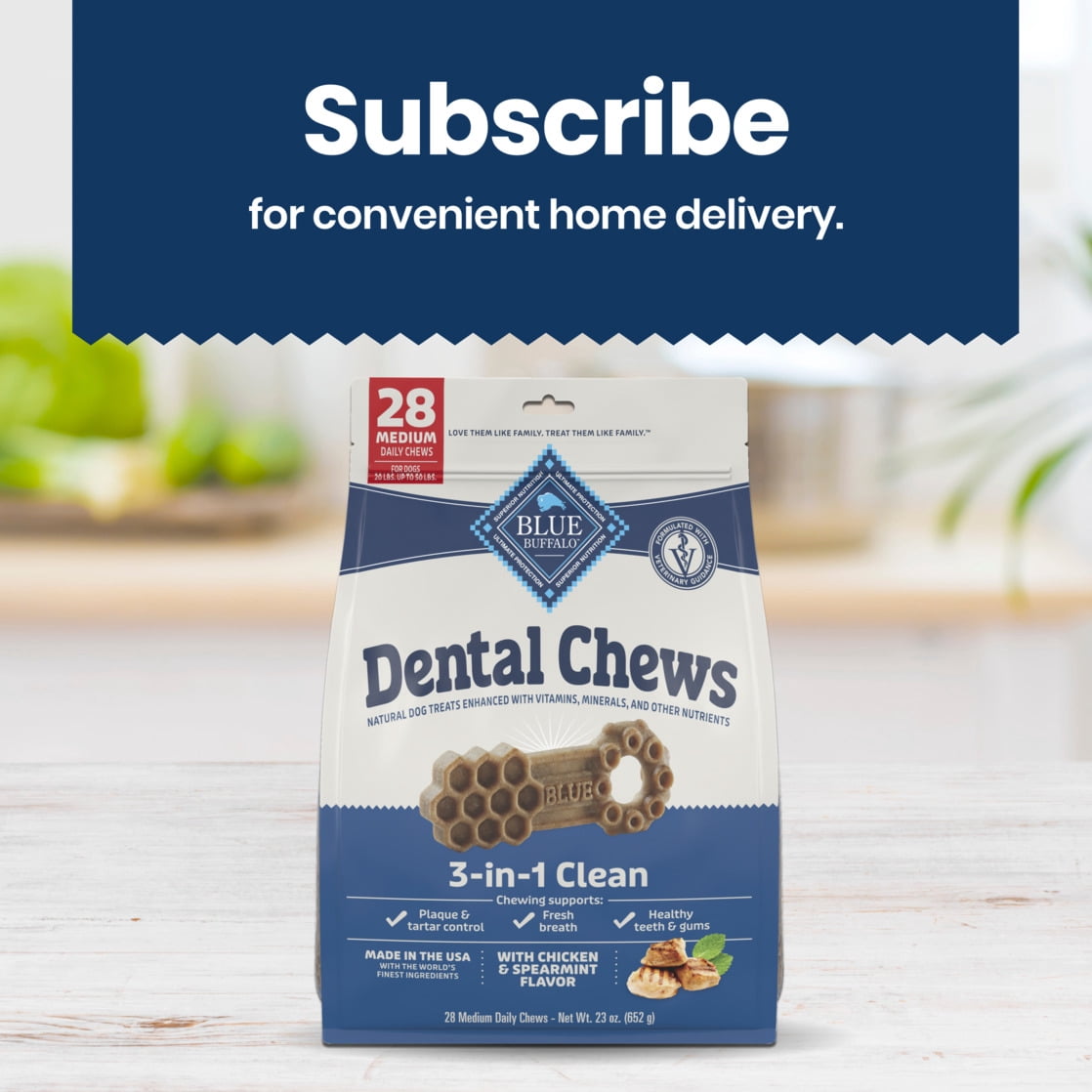 Blue Buffalo Medium Dental Chews, Daily Dental Care Dog Treats, Chicken & Spearmint (14 Count)