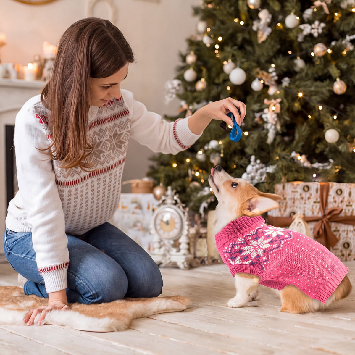 Kuoser Dog Cat Sweater, Holiday Christmas Snowflake Pet Warm Knitwear, Green, M
