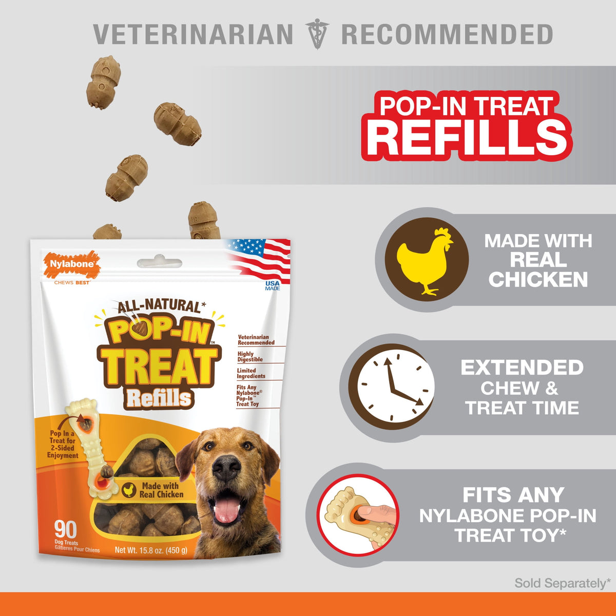 Nylabone Pop-In Treat Toy Dog Treat Refills, Natural Dog Biscuits, Chicken Flavor, 30 Count