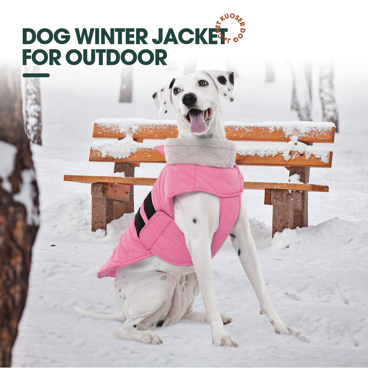 Kuoser Dog Coat Warm Pet Jacket with Eco-friendly Fur Collar, Windproof, Waterproof and Easy Hook-and-loop Closure, Pink, medium