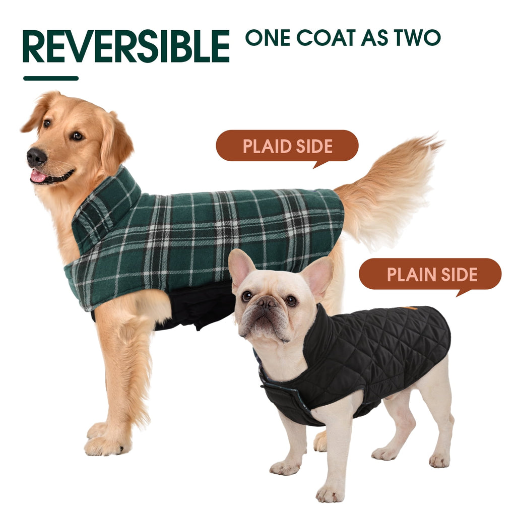 Kuoser Reversible Dog Coat Adjustable British Style Plaid Pet Jacket, Waterproof and Windproof, Blue, M