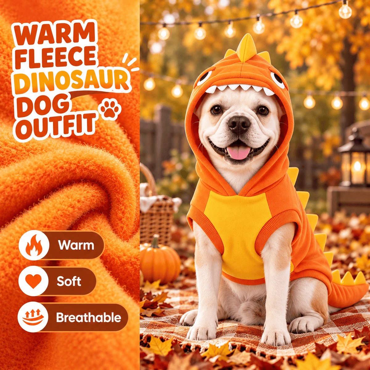 Kuoser Dog Dinosaur Halloween Costume, Funny Fleece Hoodie for Medium Dogs, Orange, M