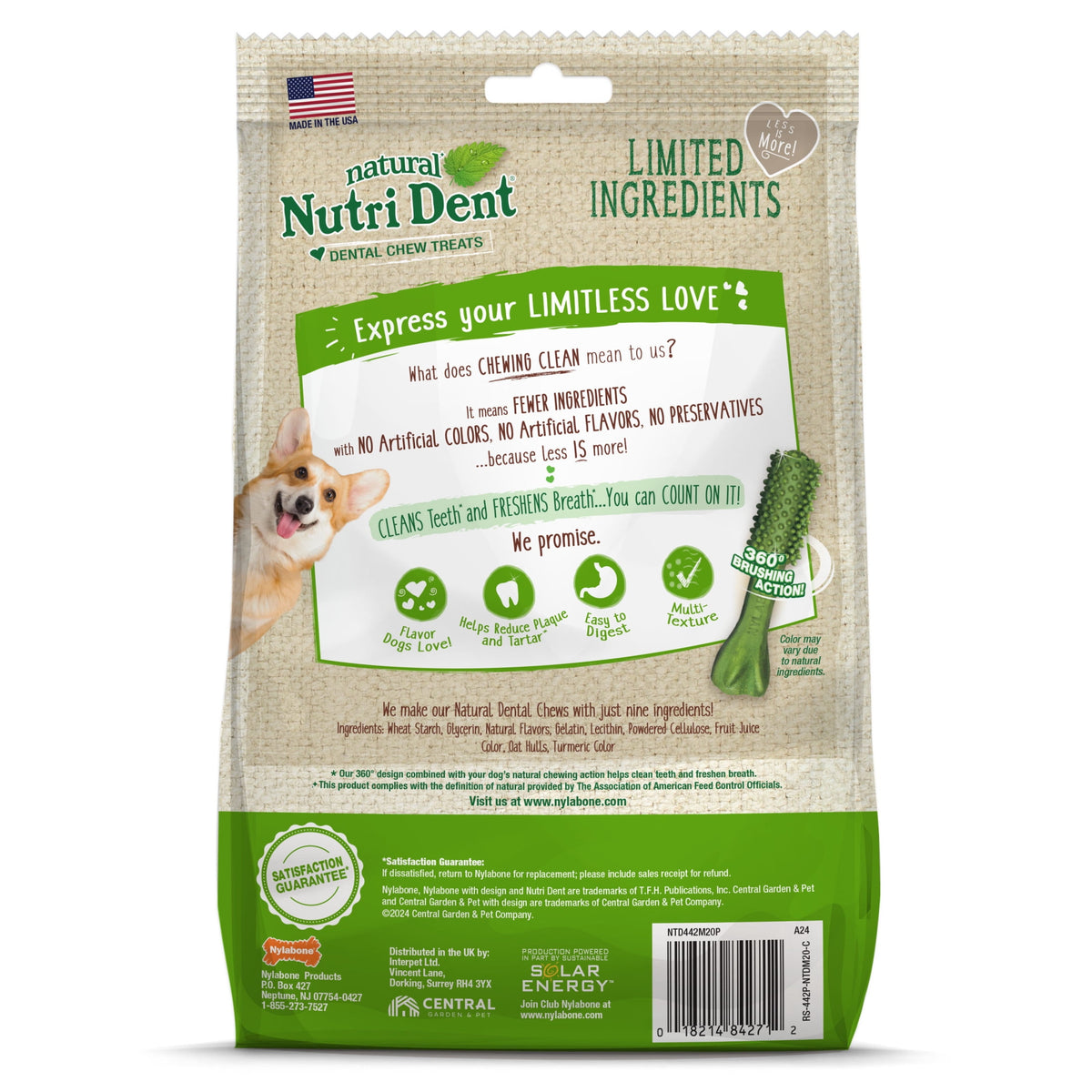 Nylabone Nutri Dent Natural Dental Chews for Dogs, Limited Ingredient Dog Treats, Teeth Cleaning Dental Sticks for Dogs, Fresh Breath Flavor, For Medium Dogs (20 Count)