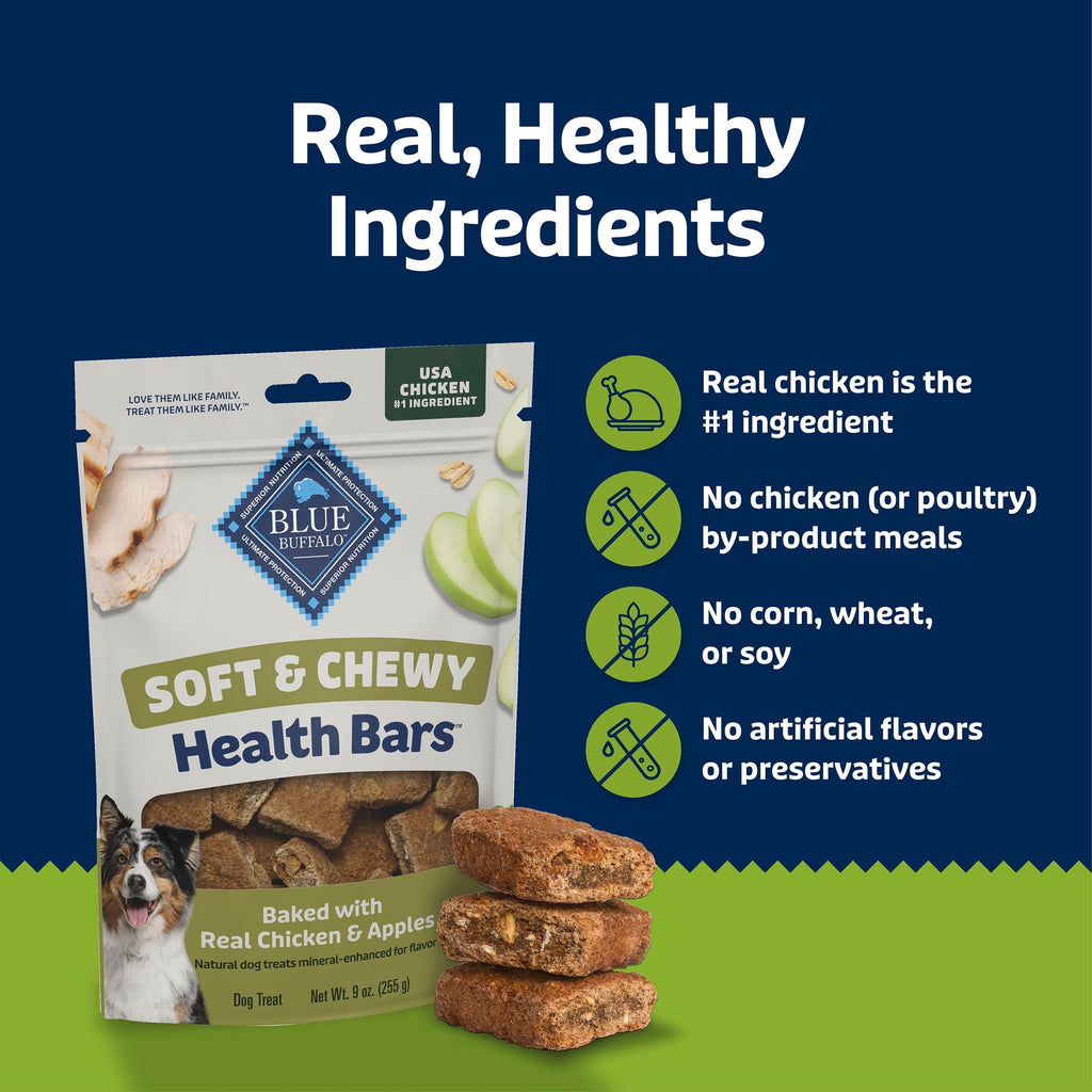 Blue Buffalo Soft & Chewy Health Bars Baked with Real Chicken & Apples, Dog Treats, 9 oz.