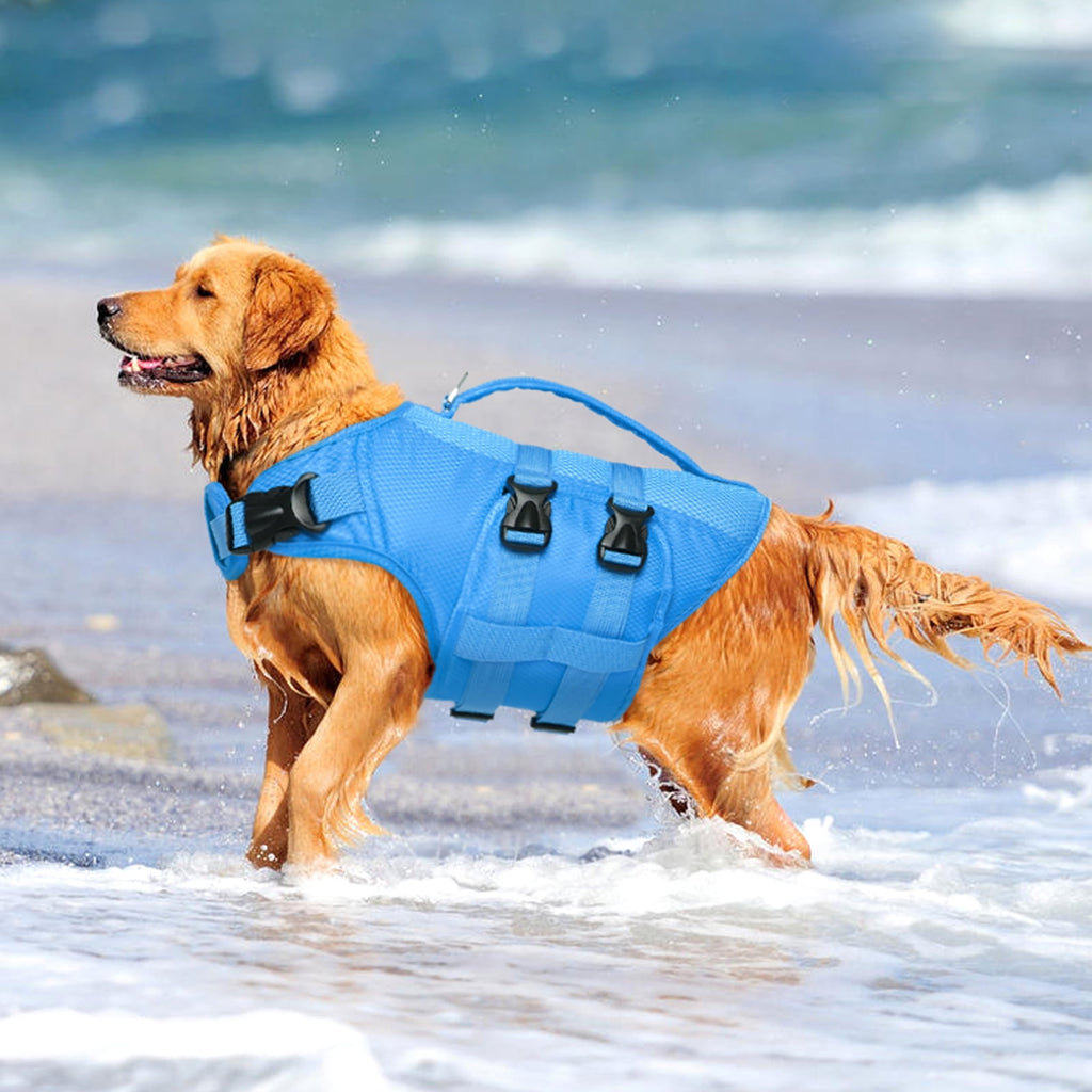 Kuoser Dog Life Jacket, Reflective Life Vest with Rescue Handle for Small Medium Large Dogs, Rosered, L