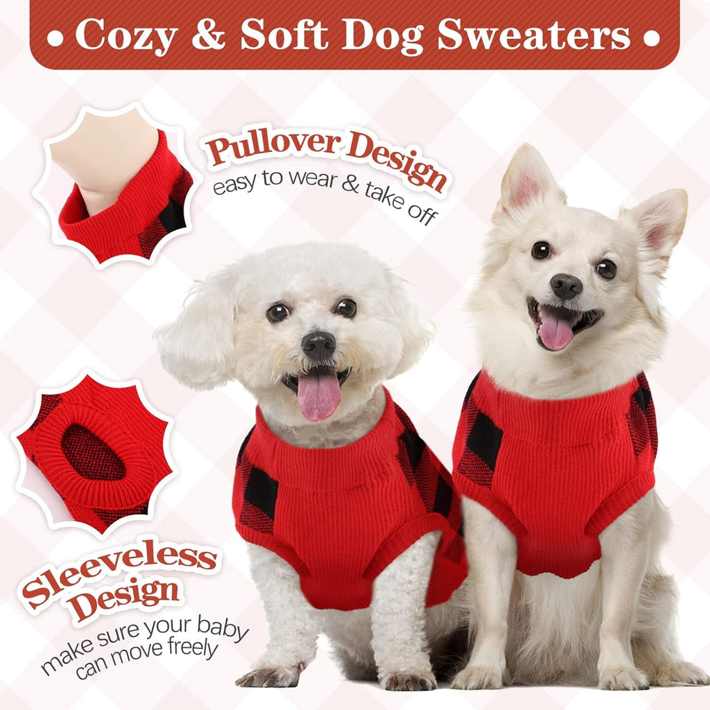 Kuoser Classic Plaid Dog Sweater Warm Pullover Knitwear for Small Medium Dogs, Red, S
