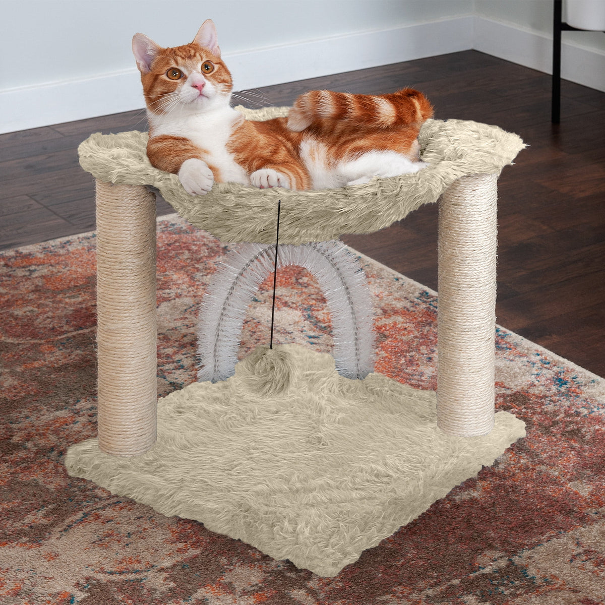 Furhaven Tiger Tough Small Cat Tree Plush Hammock Playground w/ Toys & Self-Grooming Brush - Cream, One Size One Size Cat Tree - Plush Hammock Playground (Cream)