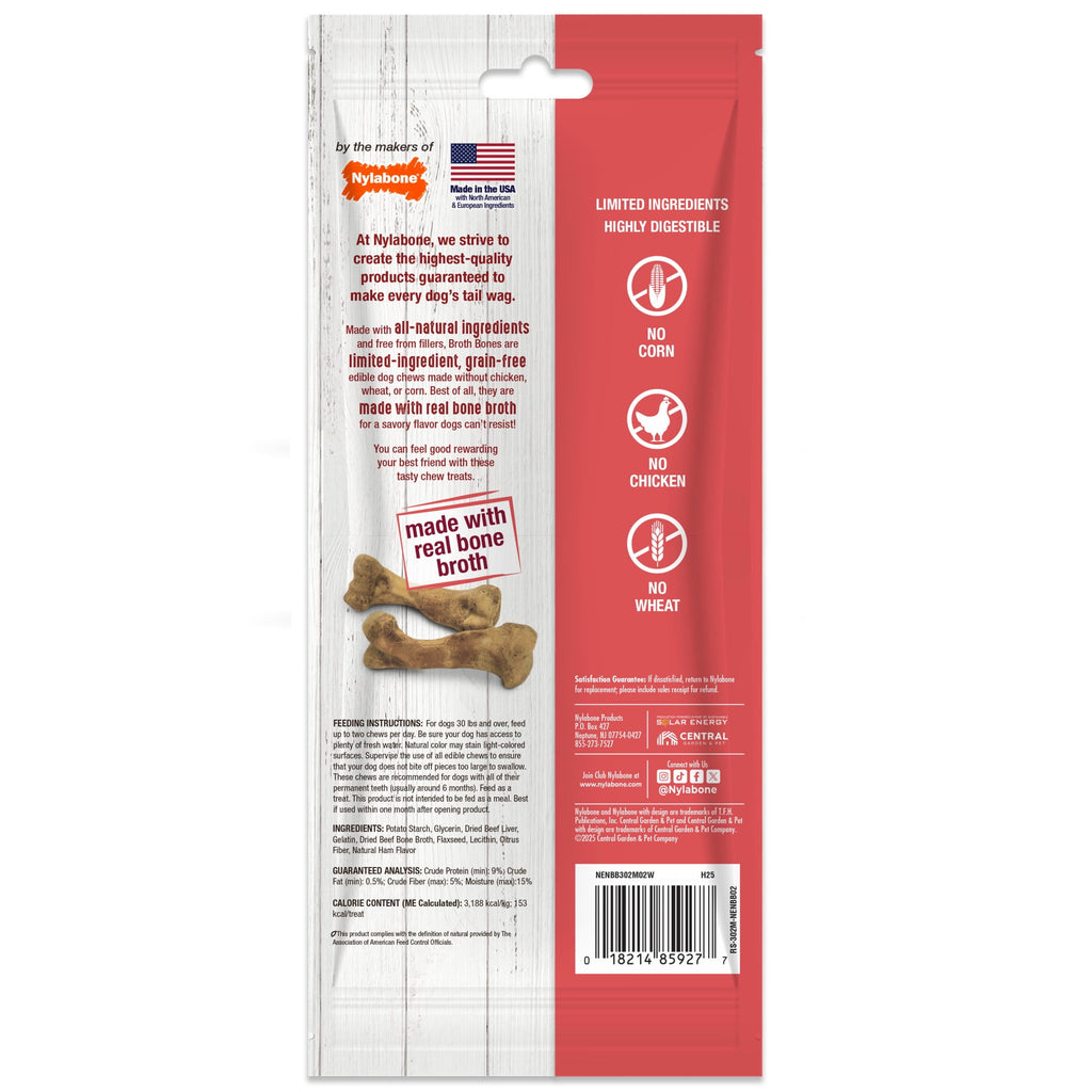 Nylabone Broth Bones Natural Dog Treats for Dogs, Bone Broth Dog Bones, Ham Flavor, For Large Dogs (1 Count)