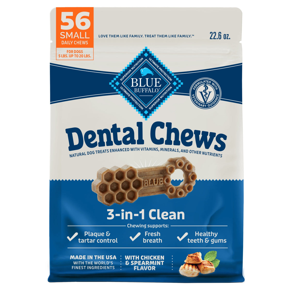 Blue Buffalo Dental Chews Small Natural Dog Treats, Chicken & Spearmint (56 Count)