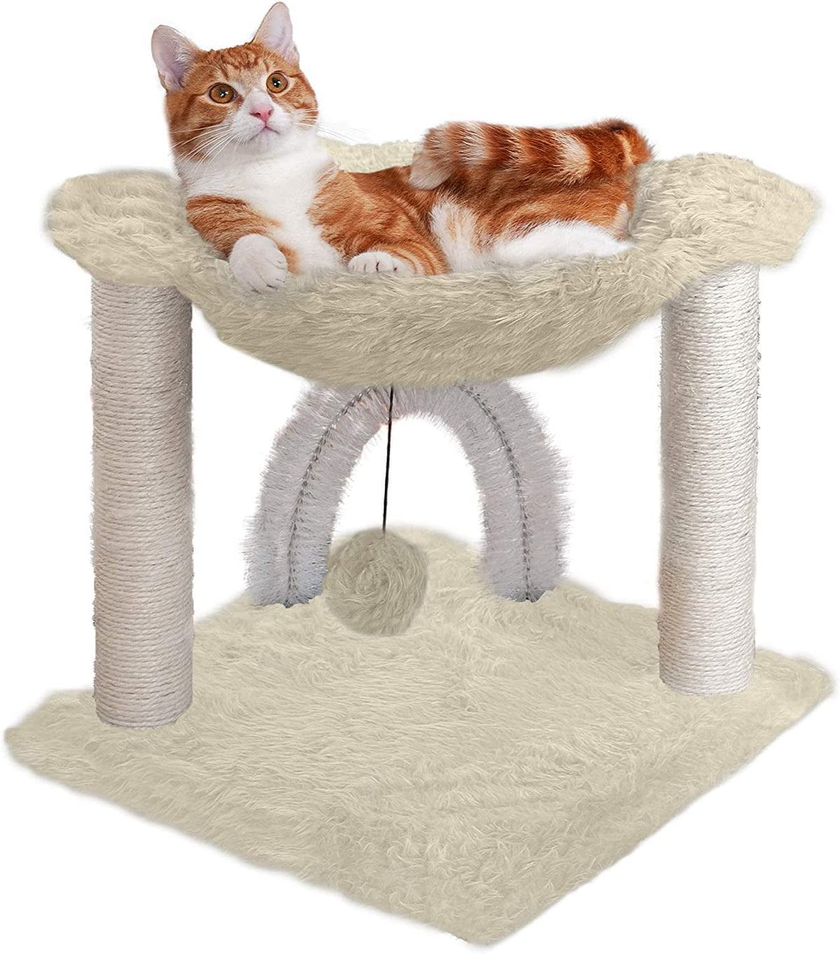 Furhaven Tiger Tough Small Cat Tree Plush Hammock Playground w/ Toys & Self-Grooming Brush - Cream, One Size One Size Cat Tree - Plush Hammock Playground (Cream)
