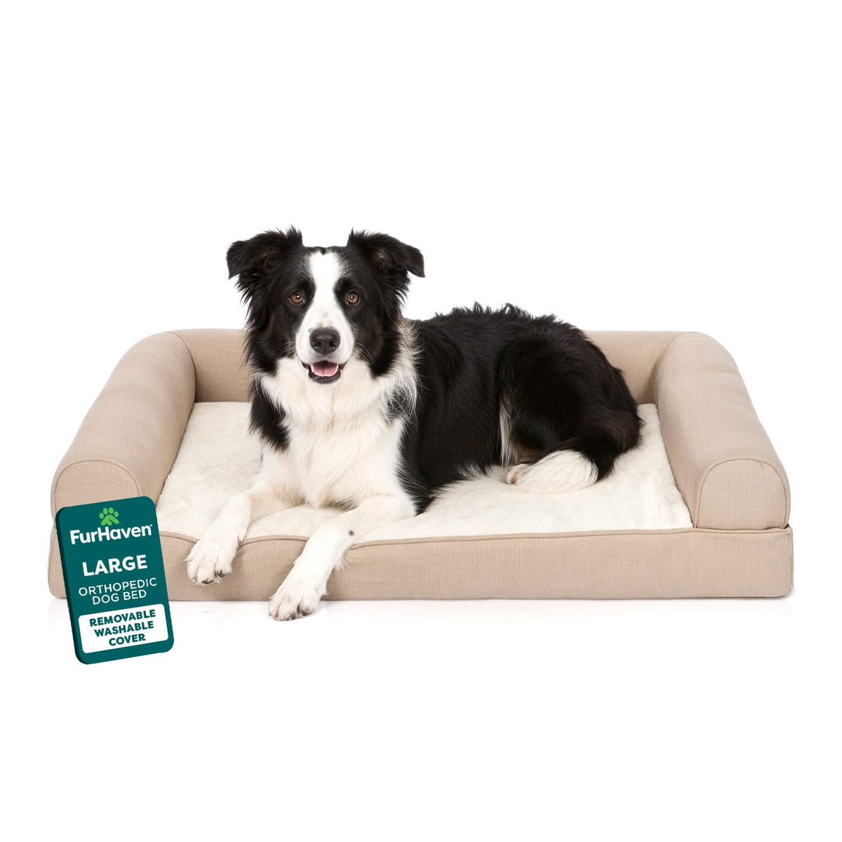 FurHaven Plush & Performance Linen Orthopedic Sofa Pet Bed for Dogs & Cats - Flax, Medium
