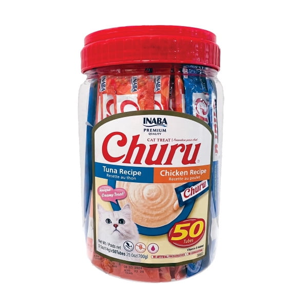 INABA Churu Cat Treats, Grain-Free, Lickable, Squeezable Creamy Purée Cat Treat/Topper with Vitamin E & Taurine 0.5 Ounces Each Tube, 50 Tubes, Tuna & Chicken Variety