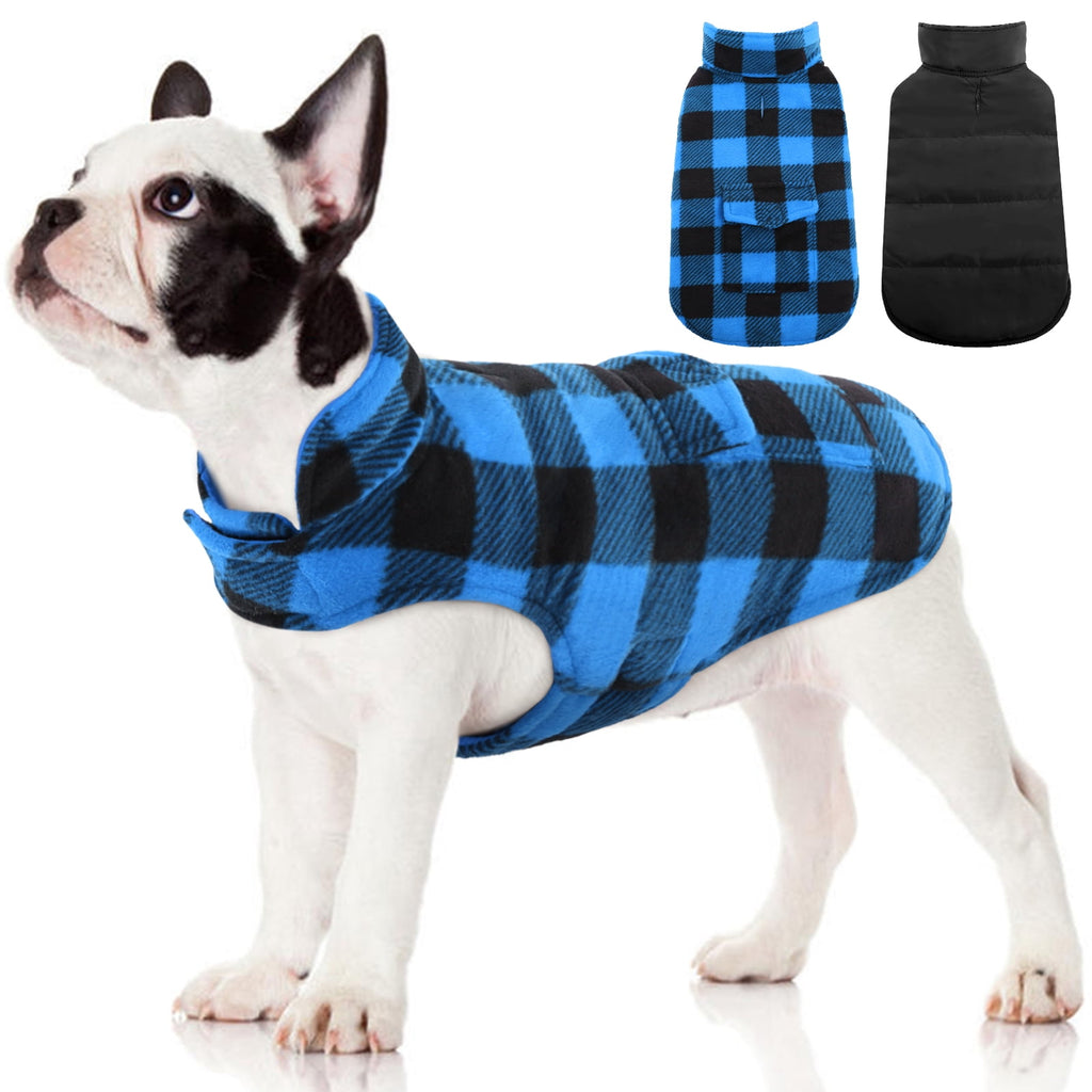 Kuoser British Style Plaid Dog Winter Coat, Windproof Cozy Cold Weather Jacket for Dogs, Blue, M
