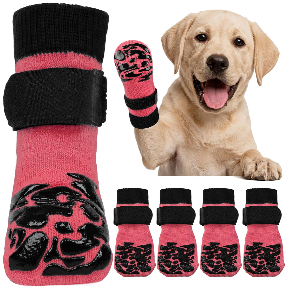 Kuoser Non-Slip Dog Socks for Hardwood Floors & Hot Pavement, Adjustable Pet Socks to Stop Licking and Slipping, Black, M