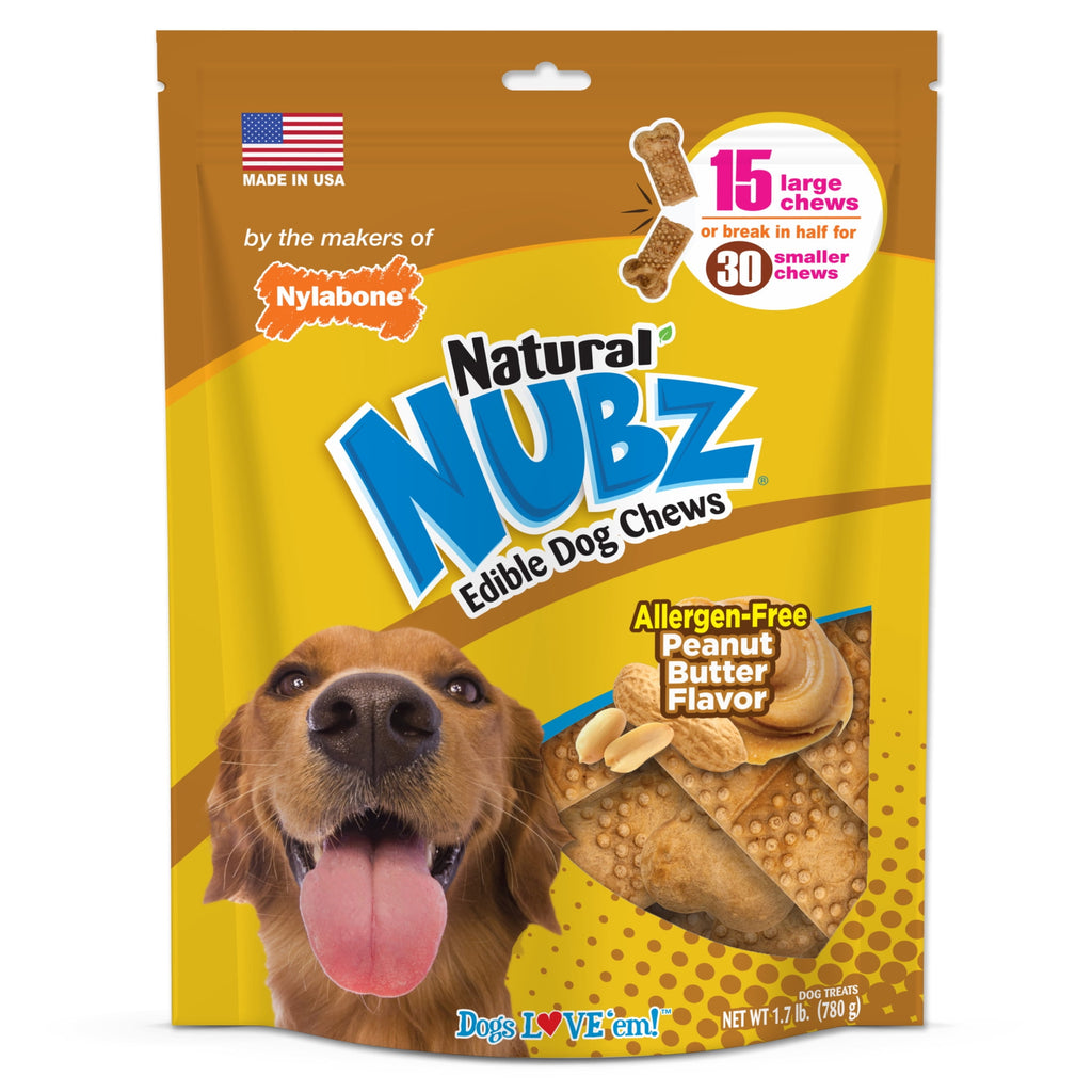 Nylabone Nubz Natural Dog Treats for Large Dogs, Peanut Butter Flavor Dog Bones, Large - 30+ lbs., 1.7 lb. Pouch, 15 Count