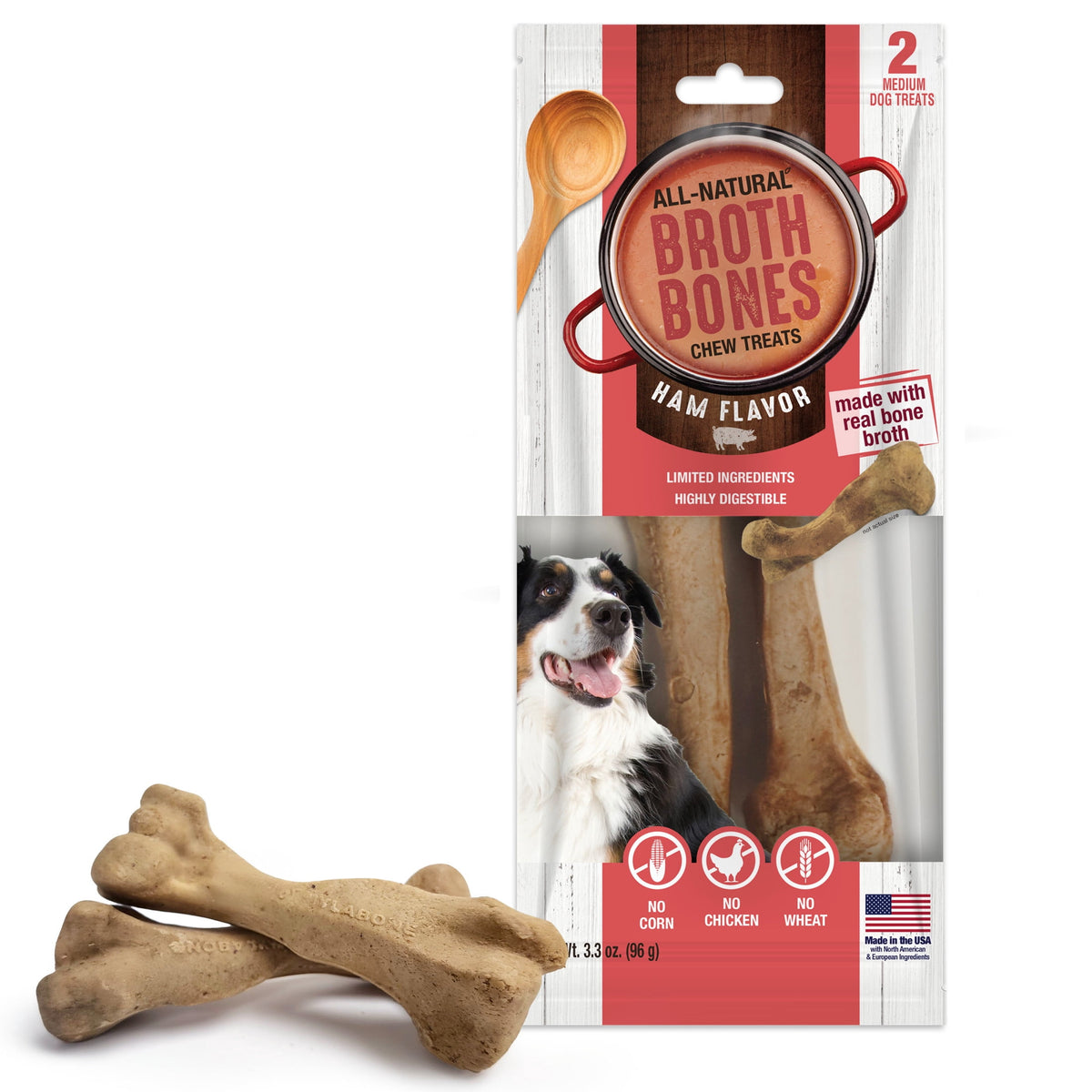 Nylabone Broth Bones Natural Dog Treats for Dogs, Bone Broth Dog Bones, Ham Flavor, For Large Dogs (1 Count)