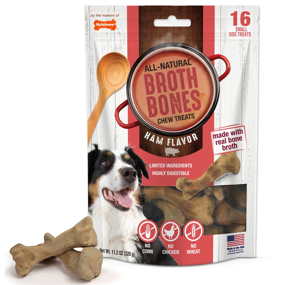 Nylabone Broth Bones Natural Dog Treats for Dogs, Bone Broth Dog Bones, Ham Flavor, For Large Dogs (1 Count)