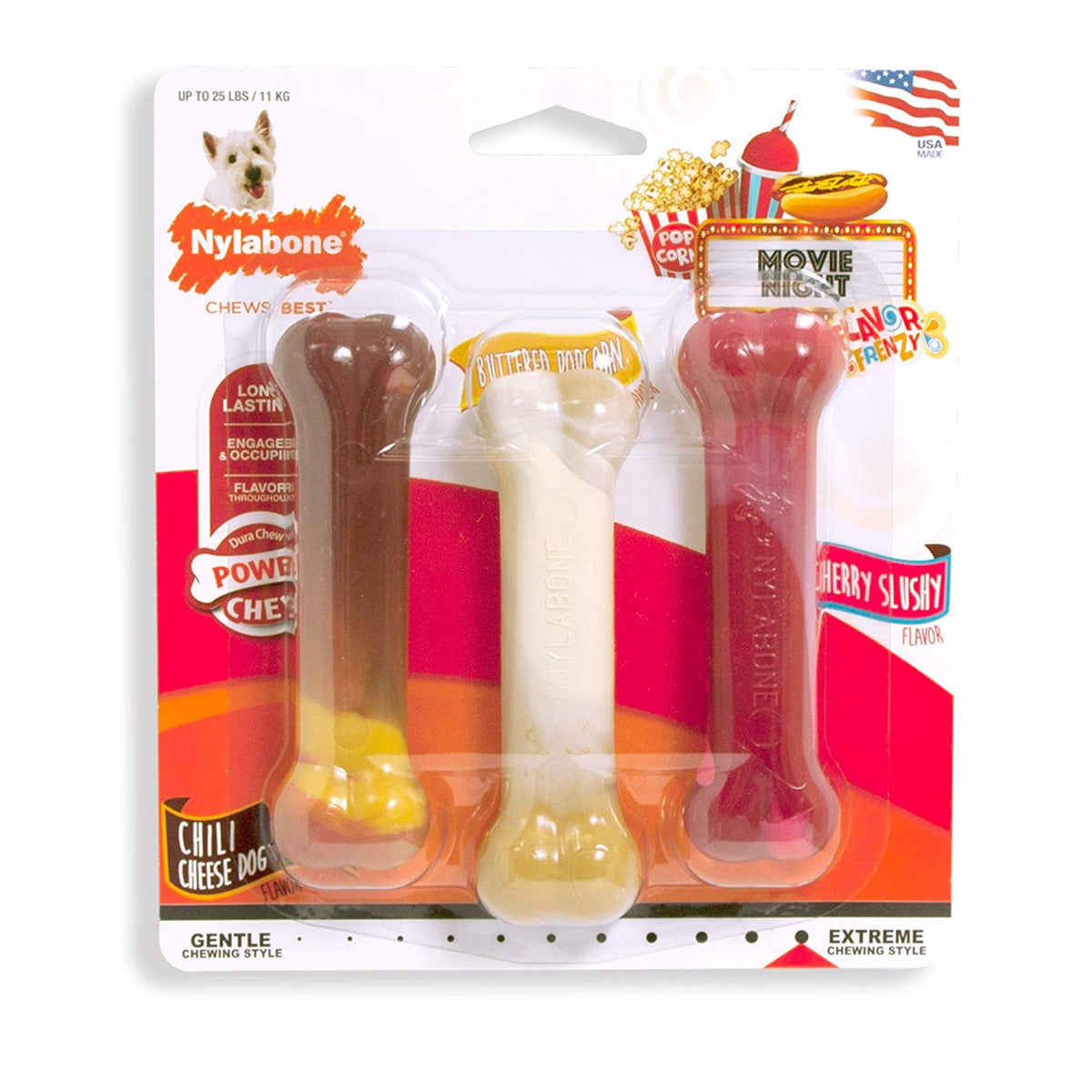 Nylabone Flavor Frenzy Power Chew Dry Dog Toy, Chili Cheese Dog, Popcorn & Cherry, SM, 3pk