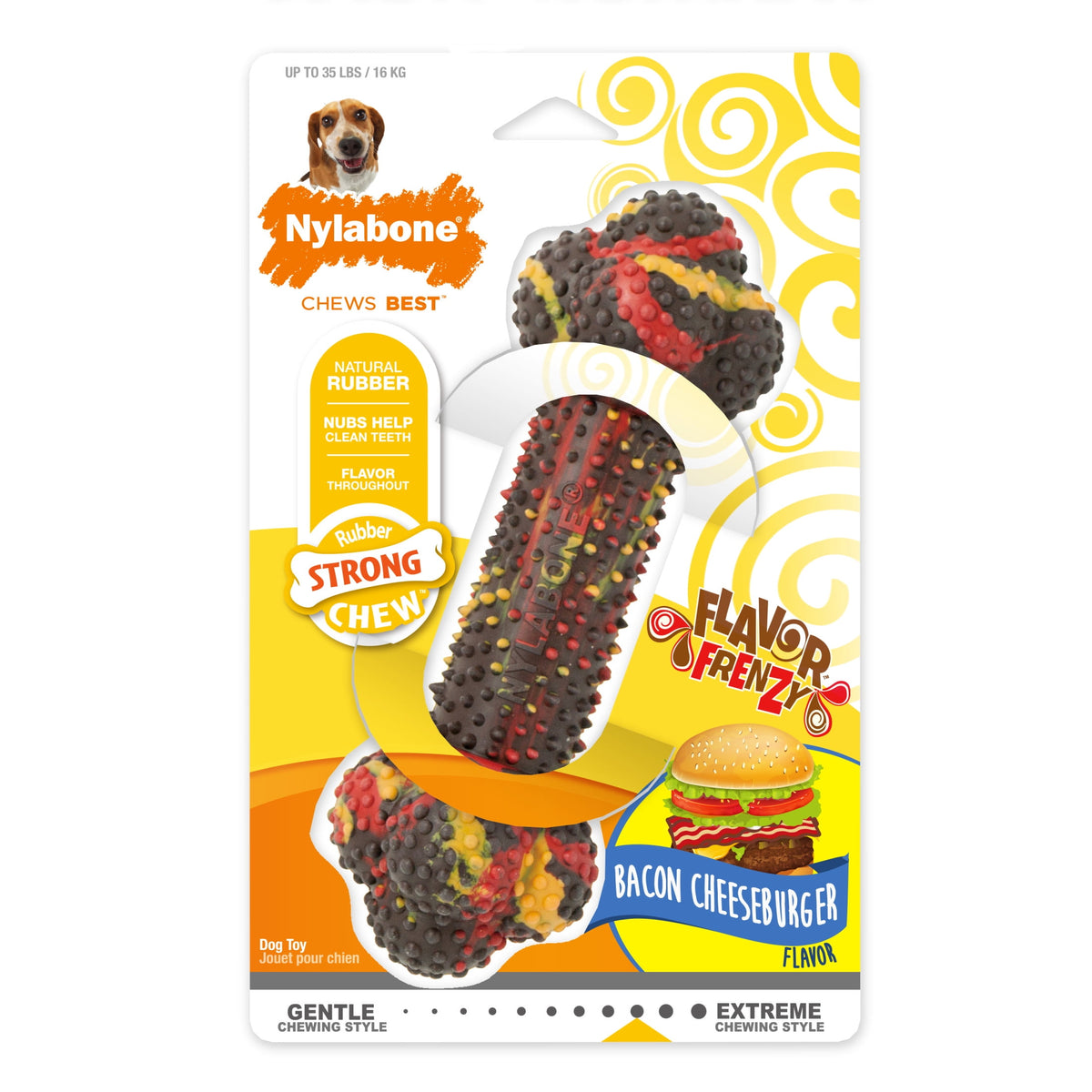 Nylabone Strong Chew Double Action Bone Dog Toy, Rubber Dog Chew Toy, Bacon Cheeseburger Flavor, Small, 1 Count