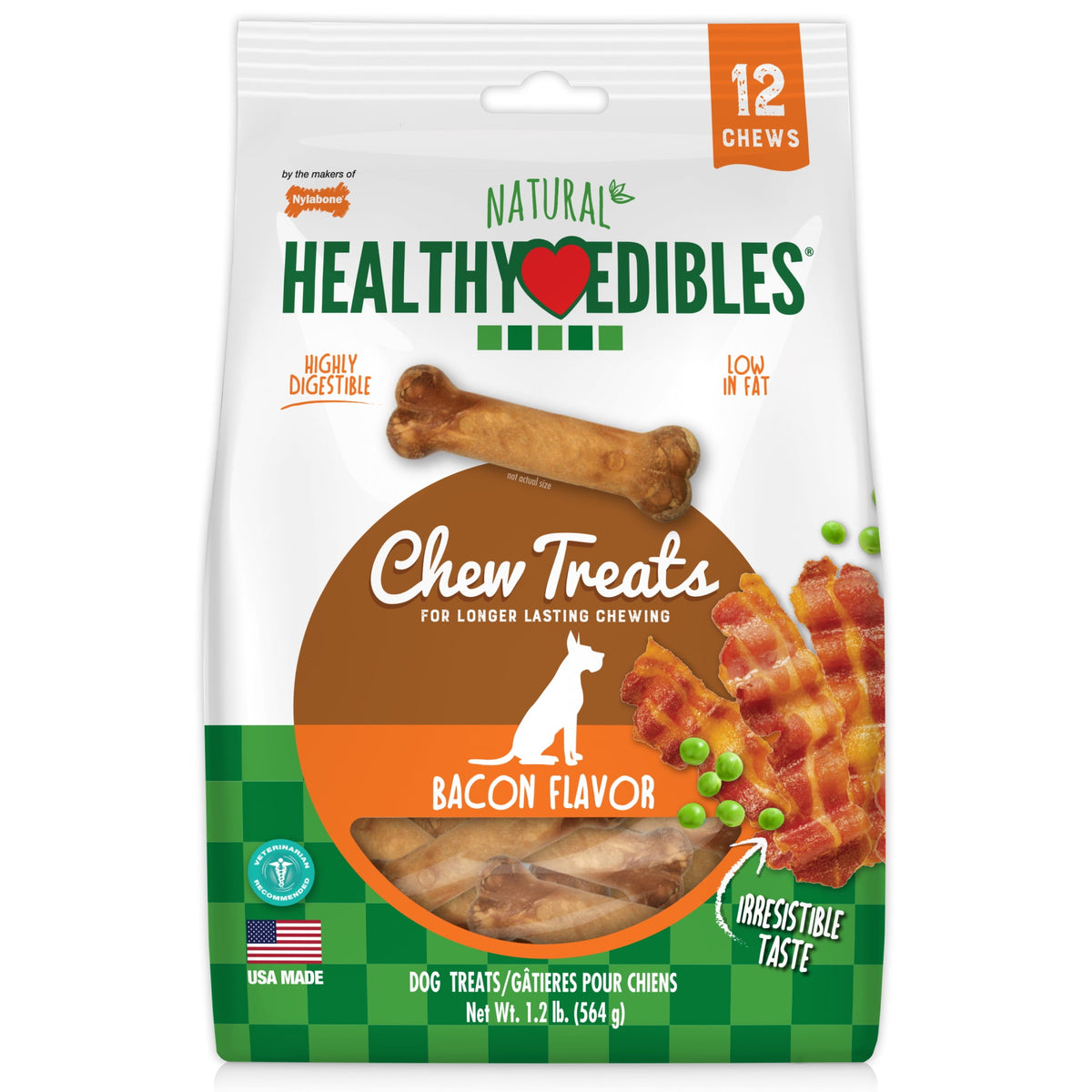 Nylabone Healthy Edibles Natural Dog Treats, Long Lasting Dog Bones, Bacon Flavor Dog Treats, For X-Small Dogs (8 Count)