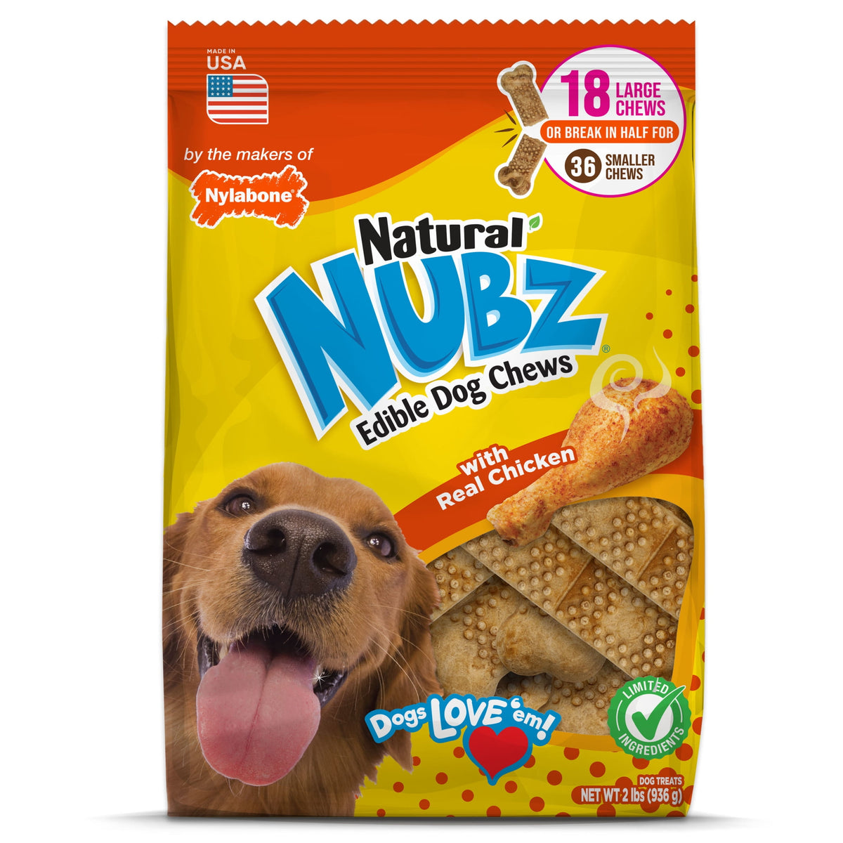 Nylabone Nubz Natural Dog Treats for Large Dogs, Chicken Flavor Dog Bones, Large - 30+ lbs., 2 lb. Pouch, 18 Count