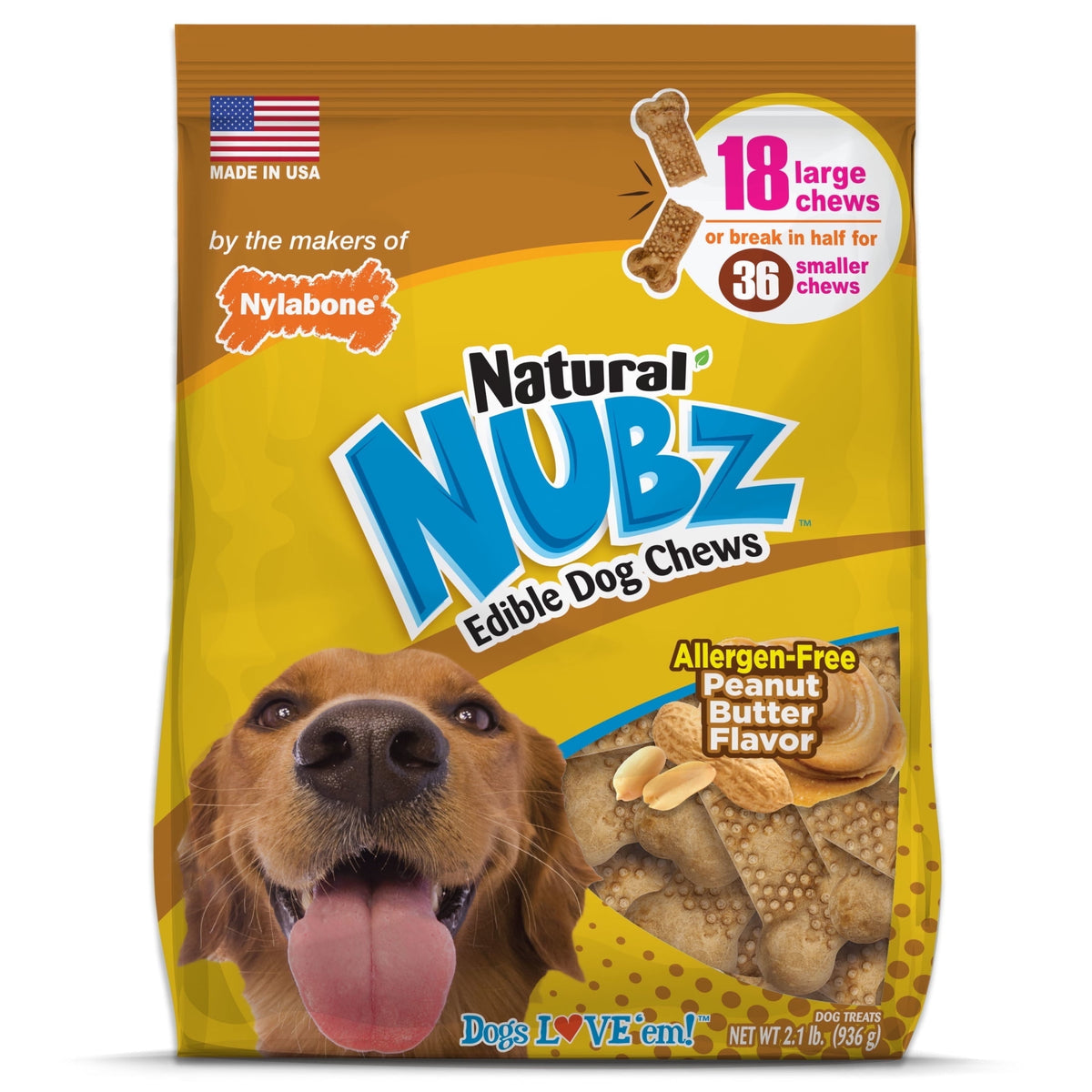 Nylabone Nubz Natural Dog Treats for Large Dogs, Peanut Butter Flavor Dog Bones, Large - 30+ lbs., 1.7 lb. Pouch, 15 Count