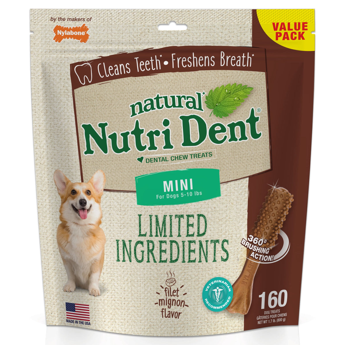 Nylabone Nutri Dent Natural Dental Chews for Dogs, Limited Ingredient Dog Treats, Teeth Cleaning Dental Sticks for Dogs, Filet Mignon Flavor, For X-Small Dogs (78 Count)