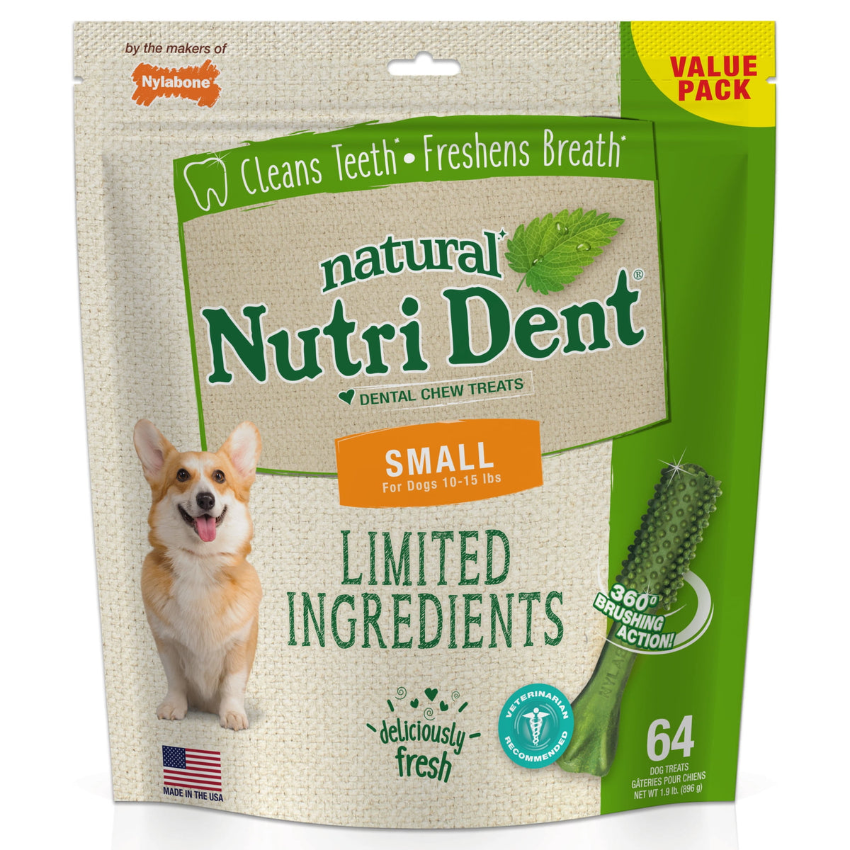 Nylabone Nutri Dent Natural Dental Chews for Dogs, Limited Ingredient Dog Treats, Teeth Cleaning Dental Sticks for Dogs, Fresh Breath Flavor, For Small Dogs (64 Count)