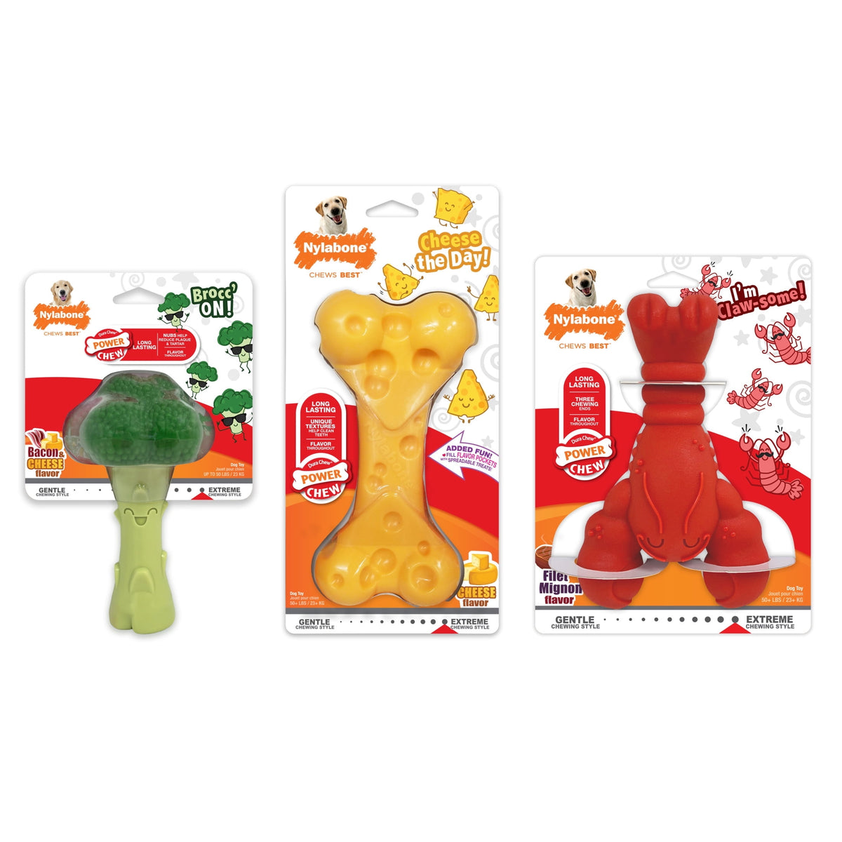 Nylabone Power Chew Toy Bundle, Cute Dog Toys for Aggressive Chewers, Filet Mignon, Cheese, and Bacon Flavors, Small Dogs - Up to 25 lbs, 3 Pack
