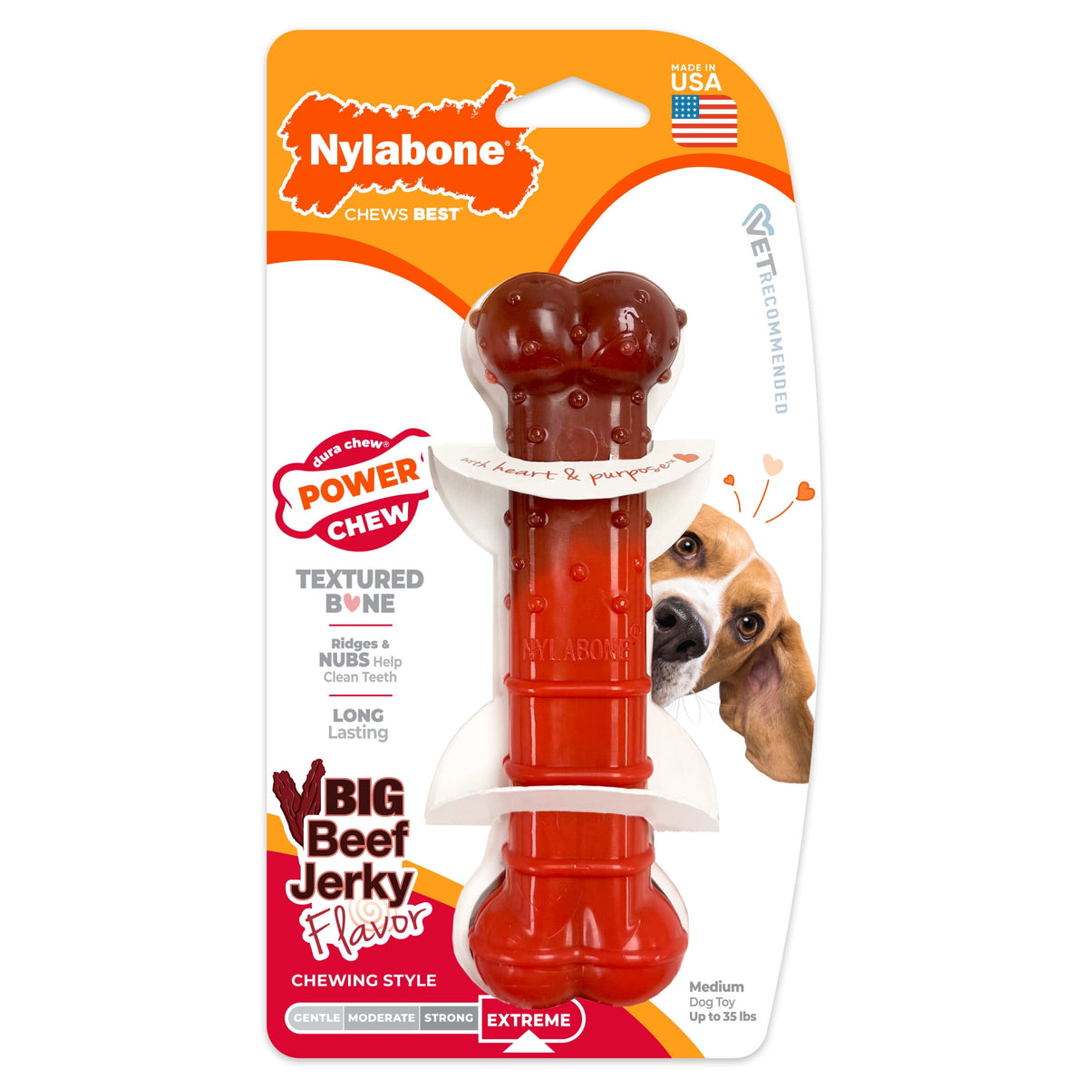 Nylabone Power Chew Textured Bone Dog Toy, Dog Chew Toy, Beef Jerky Flavor, Medium, 1 Count