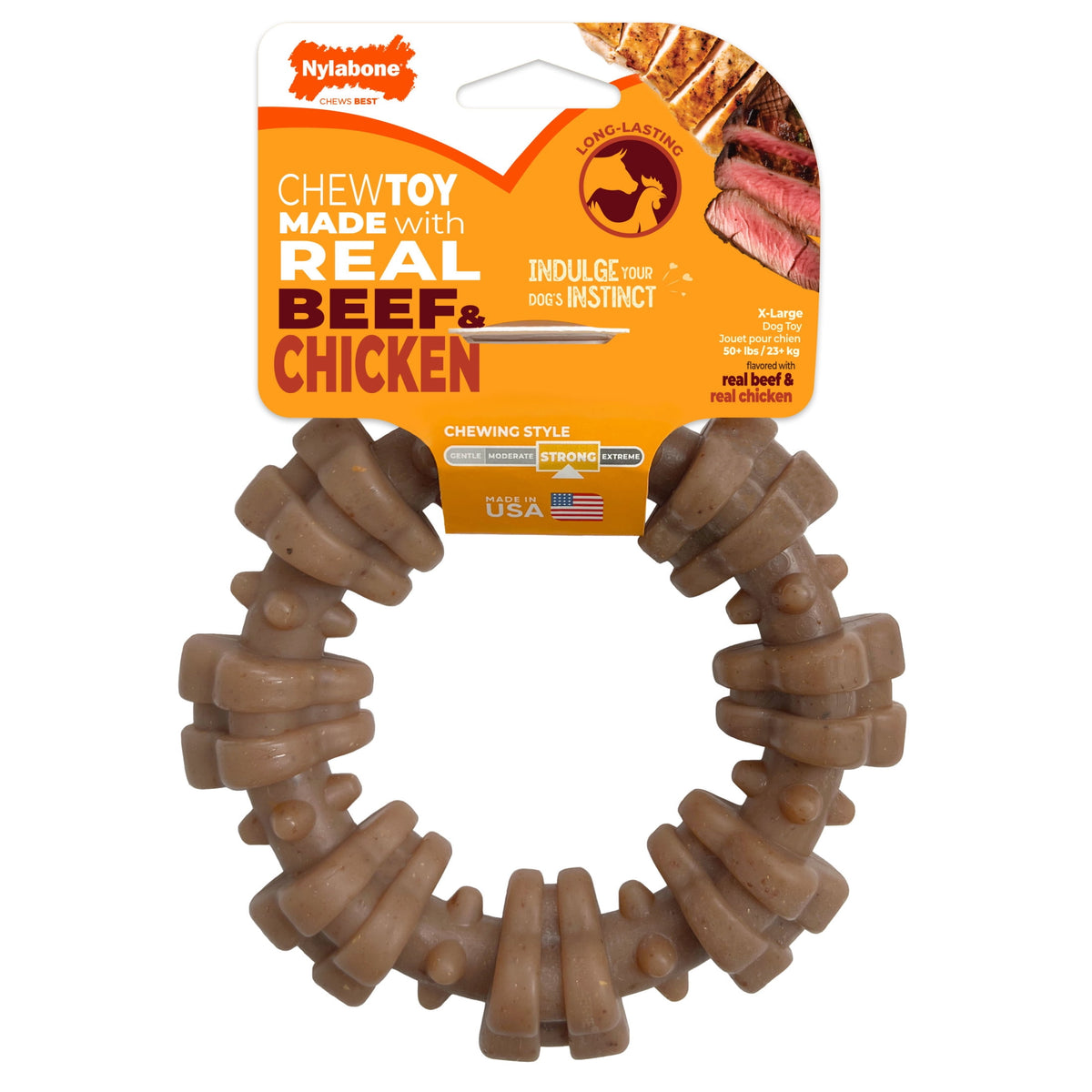 Nylabone Strong Chew Textured Ring Dog Toy, Dog Chew Toy Made with Real Beef & Chicken, X-Large