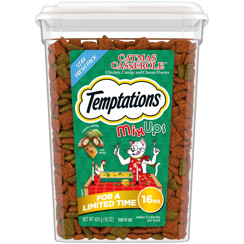 Temptations Mixups Catmas Casserole Catnip Fever Flavor Crunchy and Soft Treats for Cats, 16 oz Tub