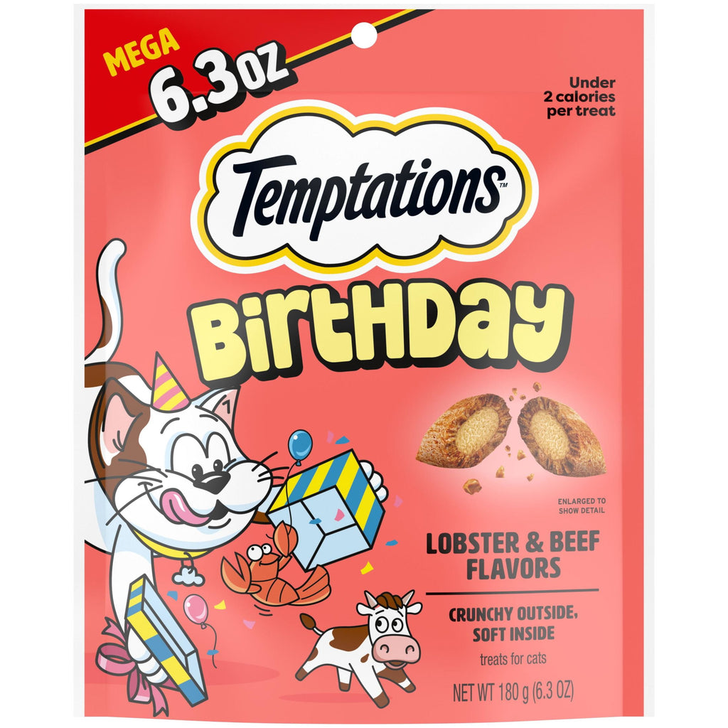 (10 pack) Temptations Birthday Lobster & Beef Flavor Crunchy & Soft Cat Treats, 6.3 oz Pouch