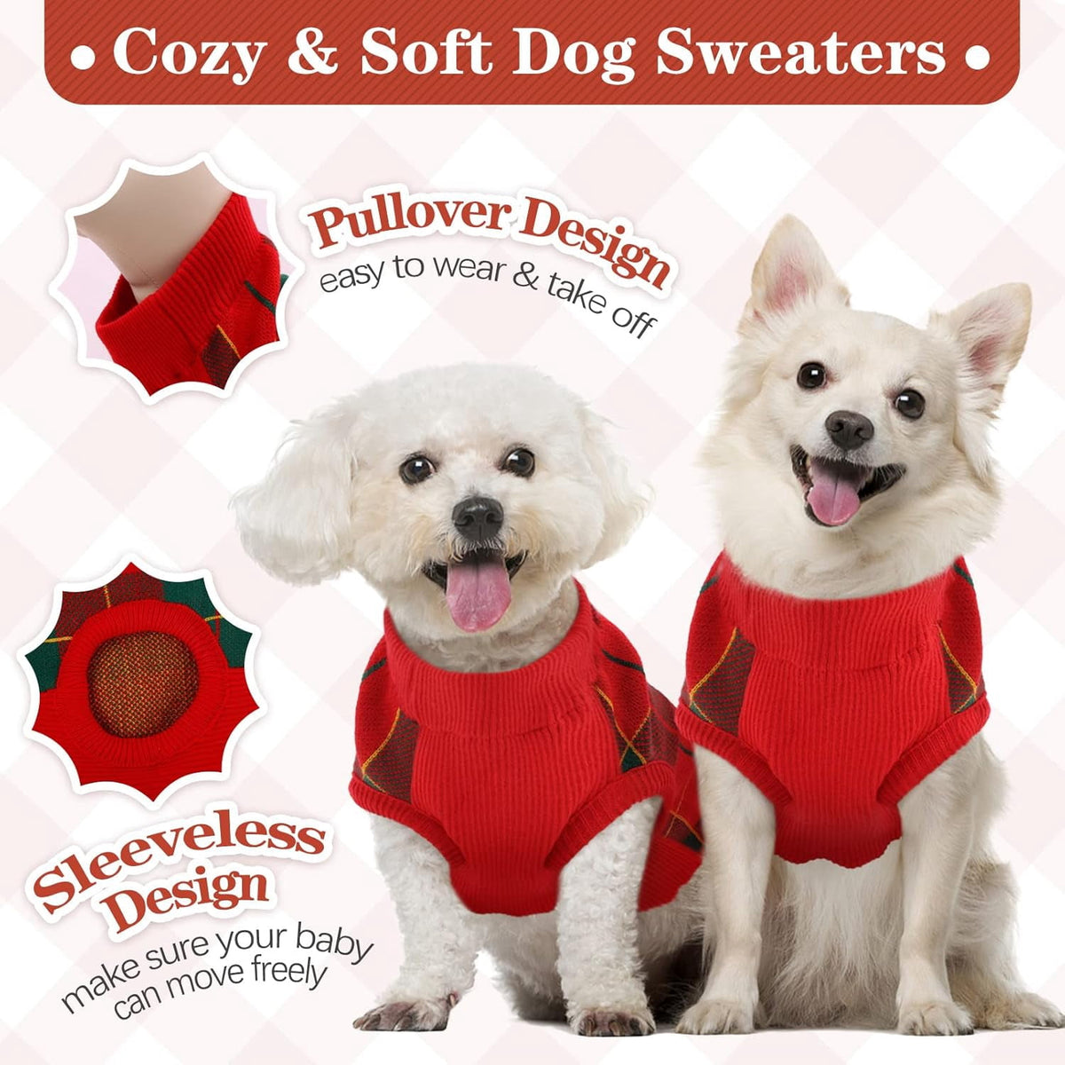 Kuoser Classic Plaid Dog Sweater Warm Pullover Knitwear for Small Medium Dogs, Red, S