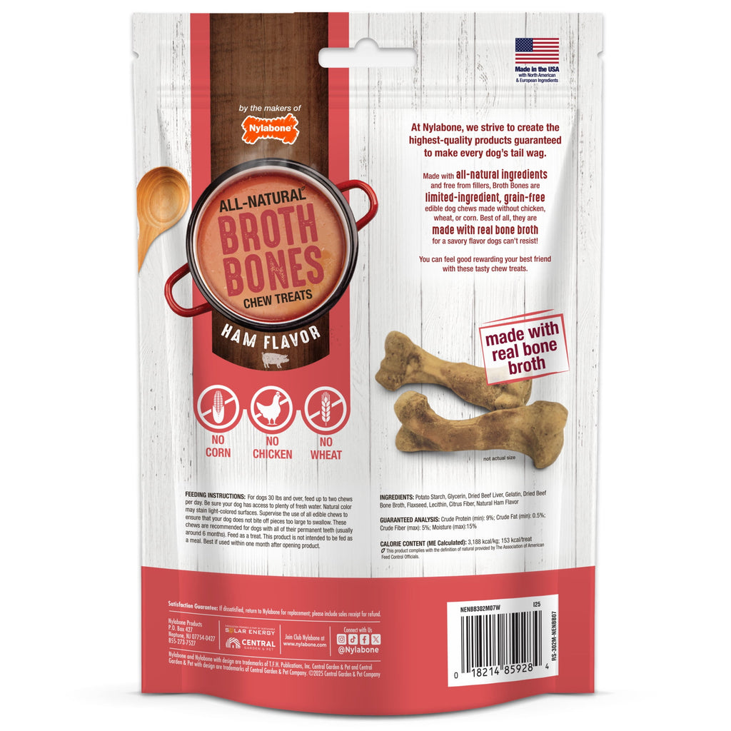 Nylabone Broth Bones Natural Dog Treats for Dogs, Bone Broth Dog Bones, Ham Flavor, For Large Dogs (1 Count)