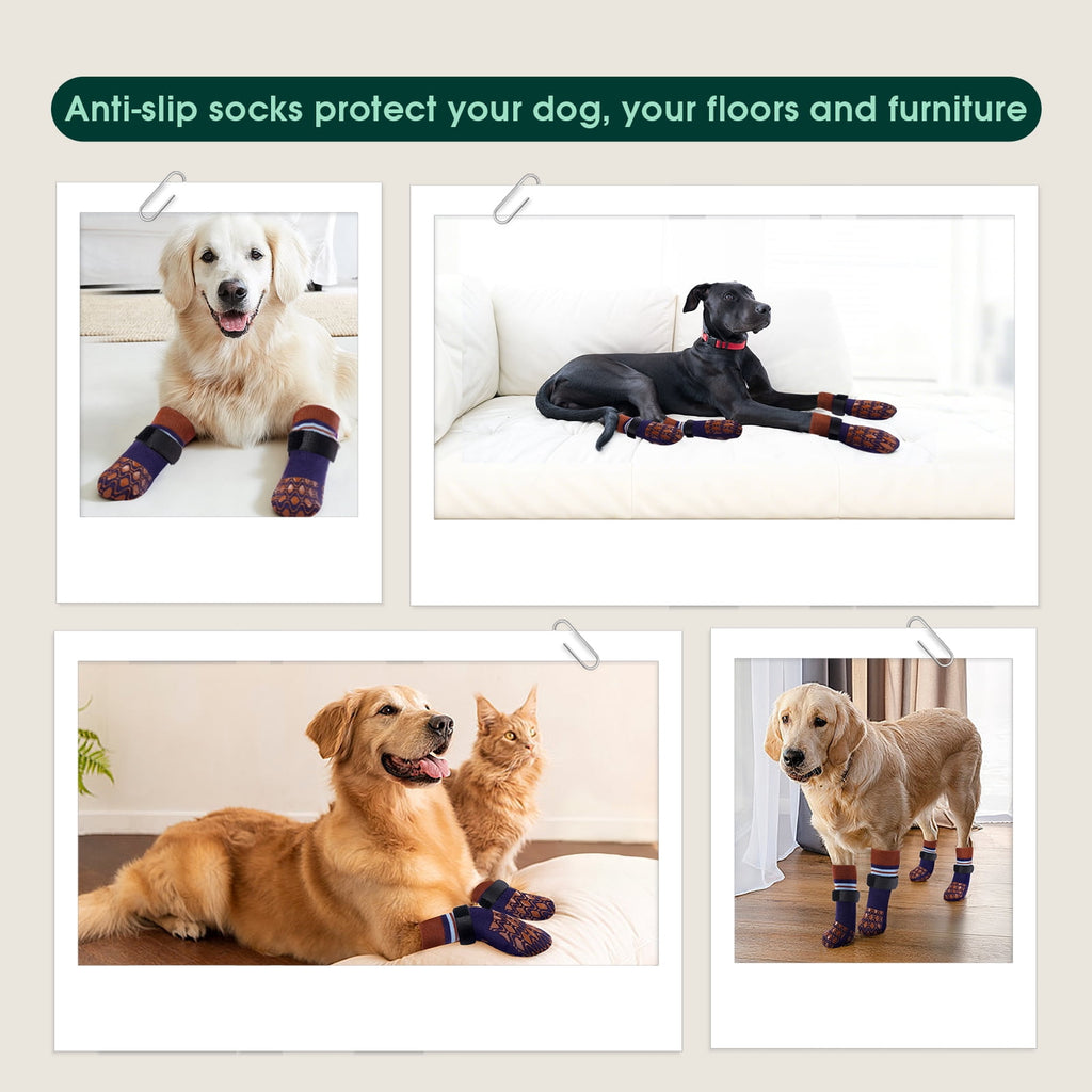 Kuoser Anti-Slip Dog Socks with Double-Sided Traction, 4 Piece Pet Booties for Senior, Dog Paw Protector for Hardwood Floors, Hot Pavement and hot/icy surfaces, Brown, L