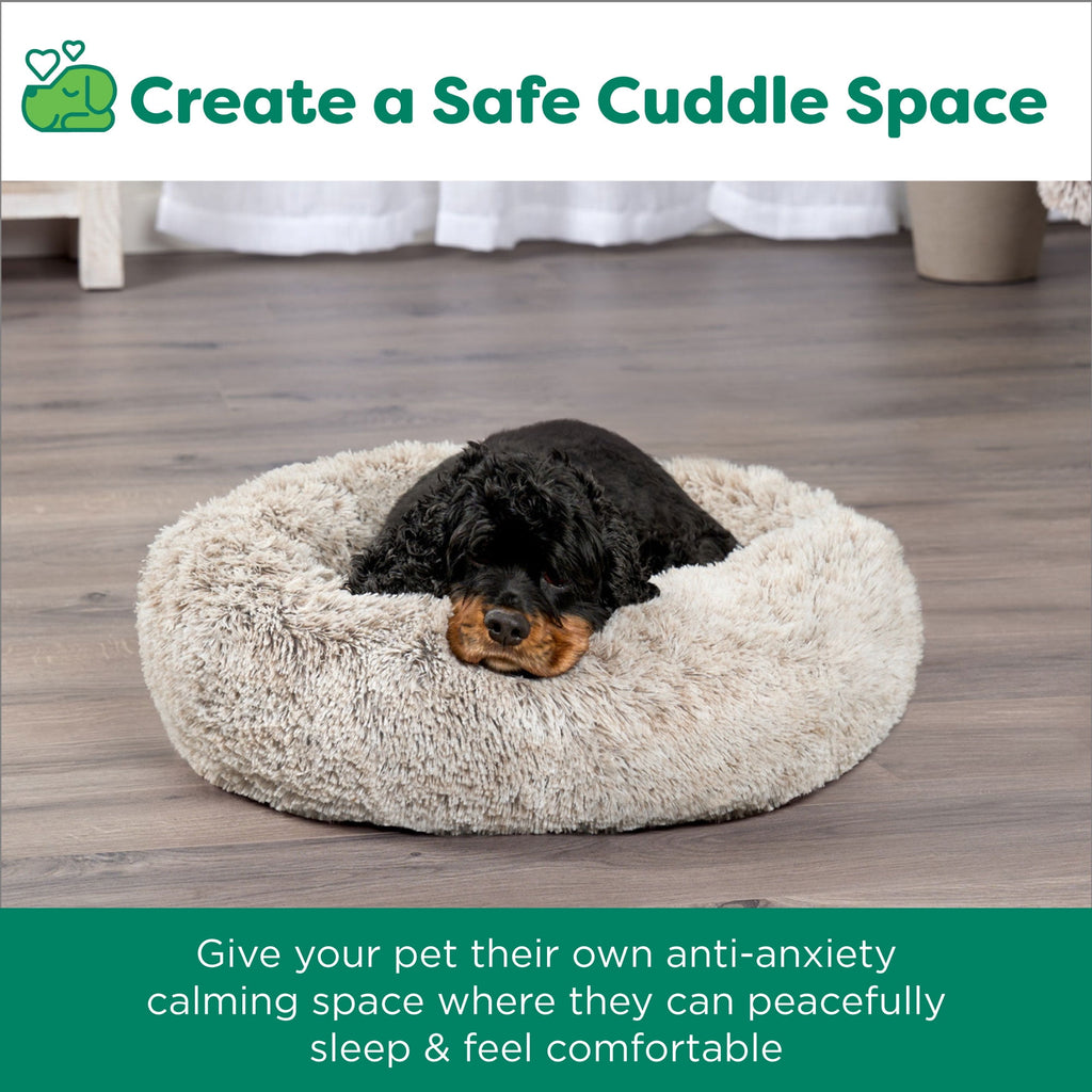 Furhaven 23" Round Calming Donut Dog Bed with Washable & Removable Cover & Bolster - Shaggy Plush Long Faux Fur Ball Bed - Taupe, For Dogs Up to 20 lbs, Small