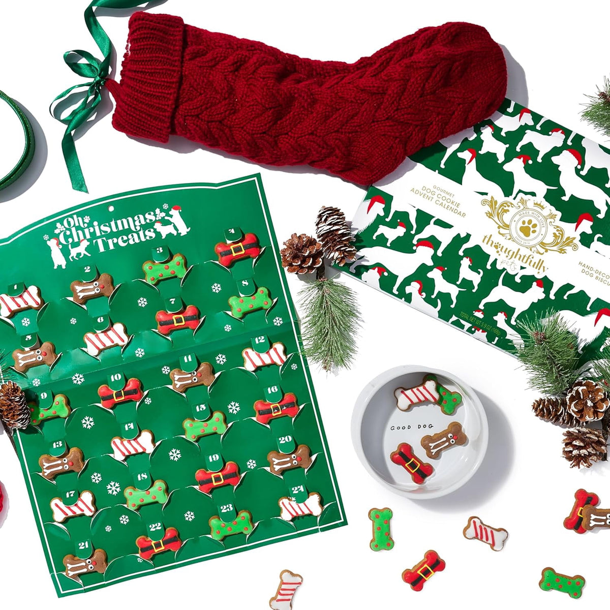Thoughtfully 24 Days of Christmas Dog Advent Calendar 2024, Gingerbread Baked Dog Treats, Individually Wrapped Bone Shapes, 24 Count