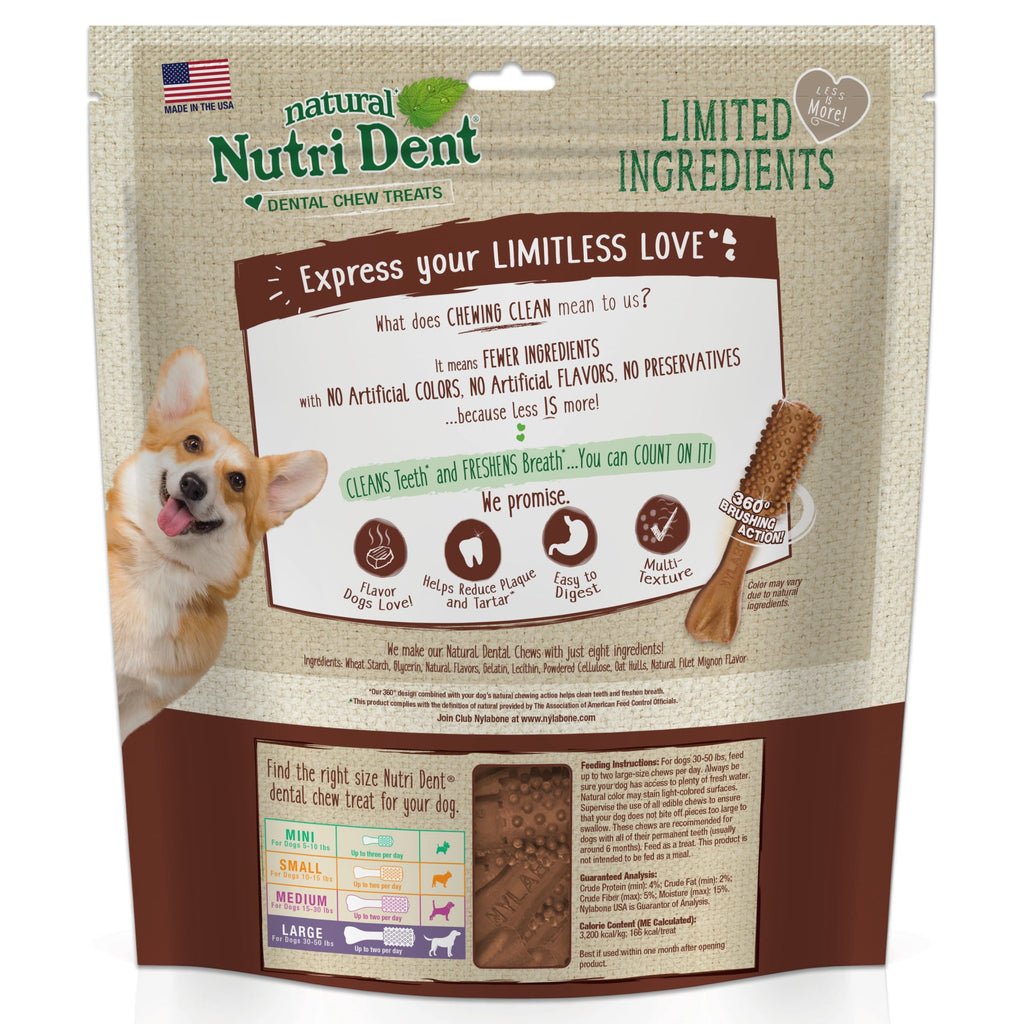 Nylabone Nutri Dent Natural Dental Chews for Dogs, Limited Ingredient Dog Treats, Teeth Cleaning Dental Sticks for Dogs, Filet Mignon Flavor, For Large Dogs (20 Count)