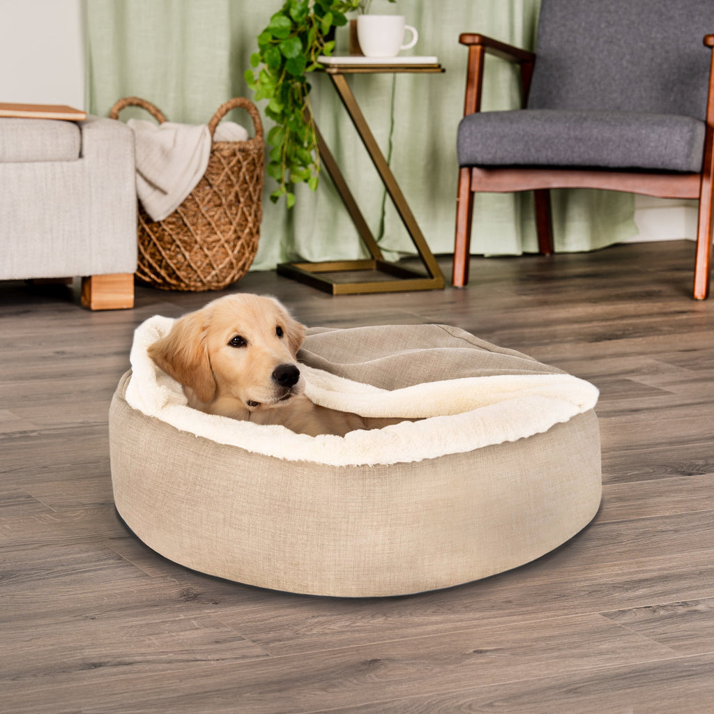 FurHaven Plush & Performance Linen Hooded Donut Pet Bed for Dogs & Cats - Mist Gray, Small - 24"