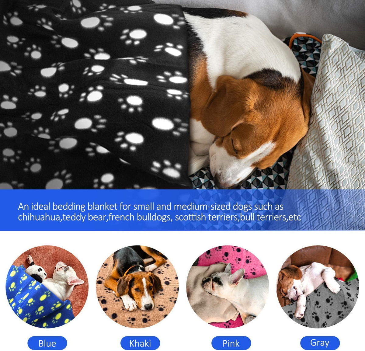 Livhil 5 Pack Large Fleece Dog Blanket, 38x 27 inch Fluffy Cat Puppy Blanket, Soft Pet Blanket Sleep Mat Bed Cover with Color Paw Printing for Home Using