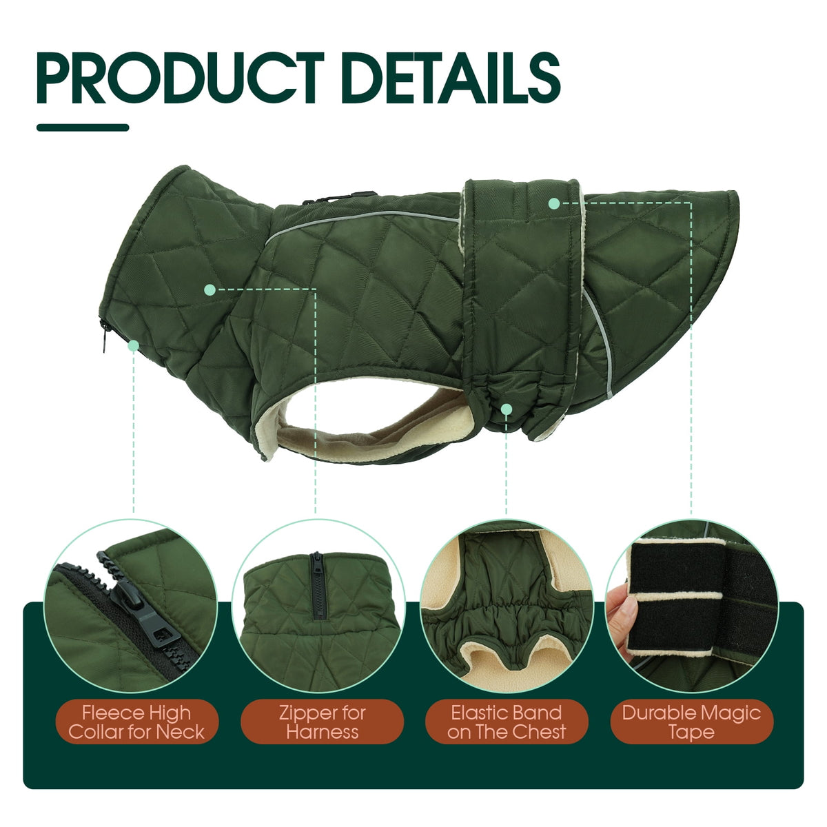Kuoser Dog Coat Warm Dog Winter Jacket for Small Medium Large Dogs, Green, M