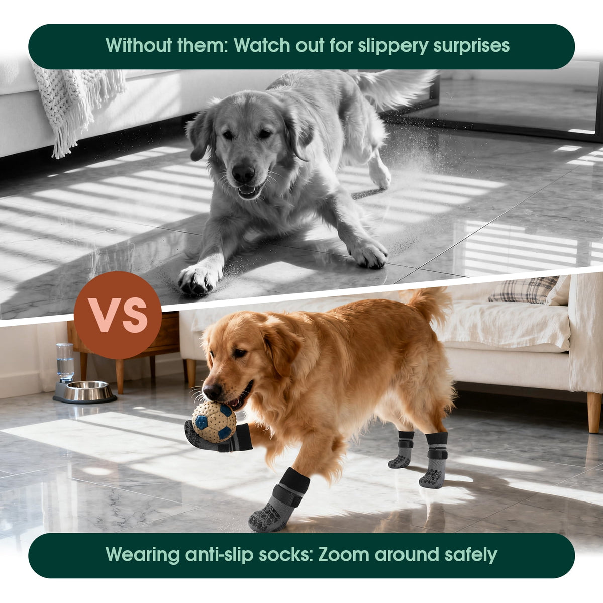 Kuoser Anti-Slip Dog Socks with Double-Sided Traction, 4 Piece Pet Booties for Senior, Dog Paw Protector for Hardwood Floors, Hot Pavement and hot/icy surfaces, Brown, L