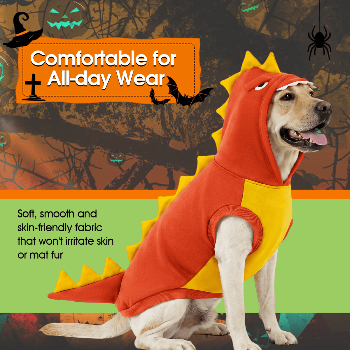 Kuoser Dog Dinosaur Halloween Costume, Funny Fleece Hoodie for Medium Dogs, Orange, M