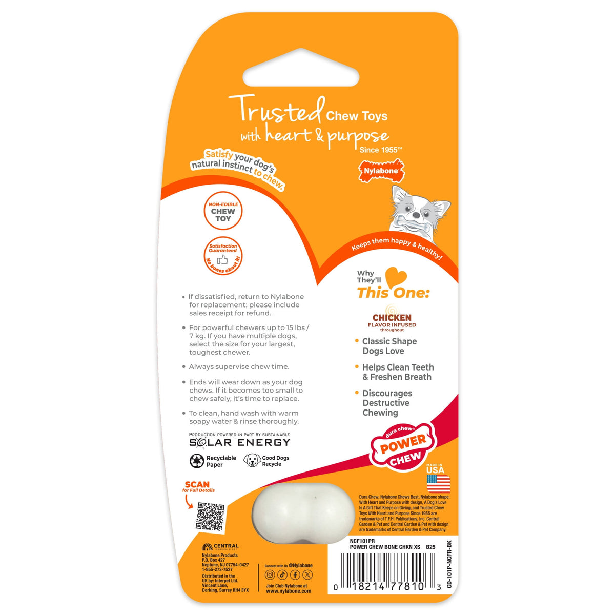Nylabone Power Chew Original Bone Dog Toy, Dog Chew Toy, Chicken Flavor, X-Small, 1 Count